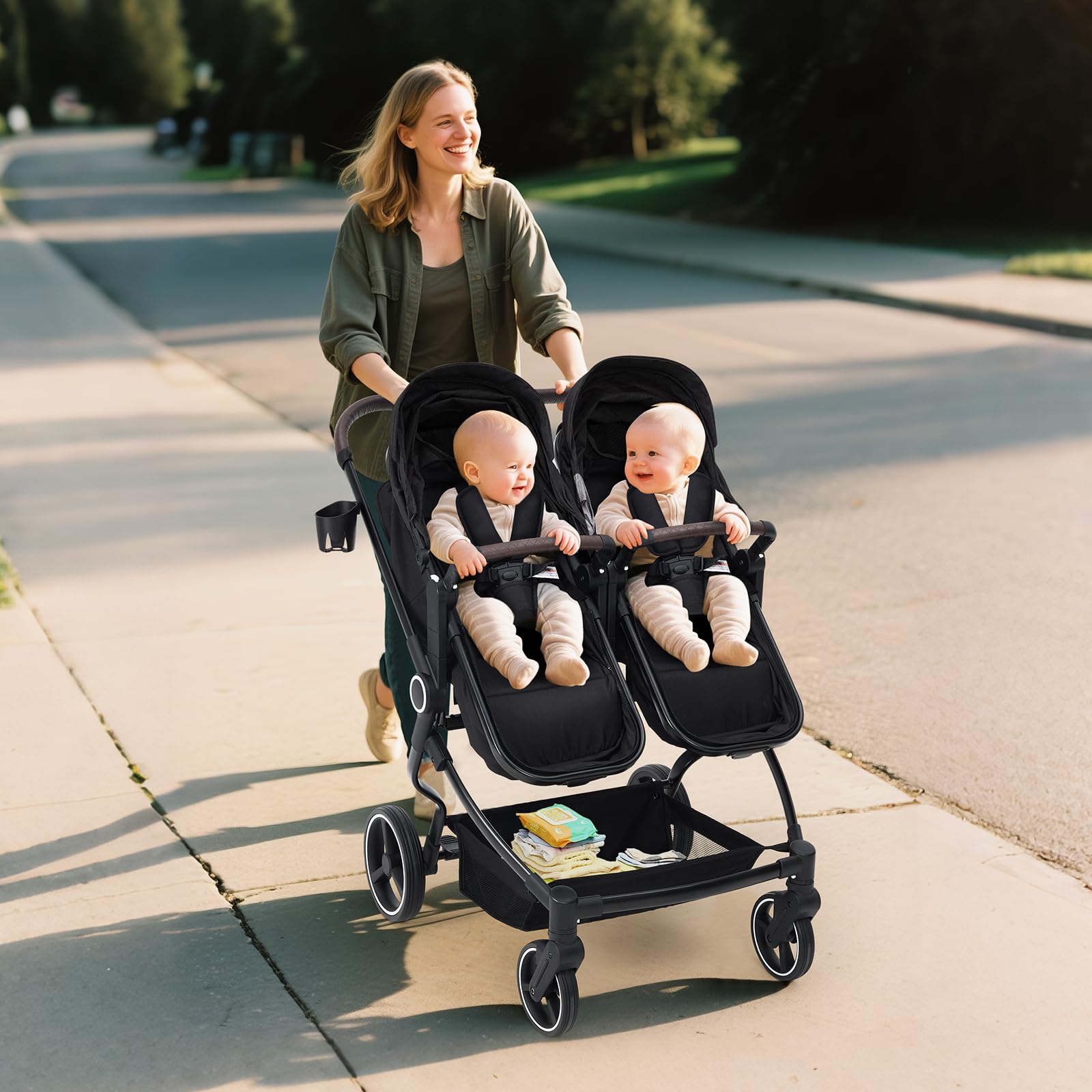 Lightweight double stroller for twins with reclining seats, adjustable canopy, and 5-point harness, featuring a high landscape design.