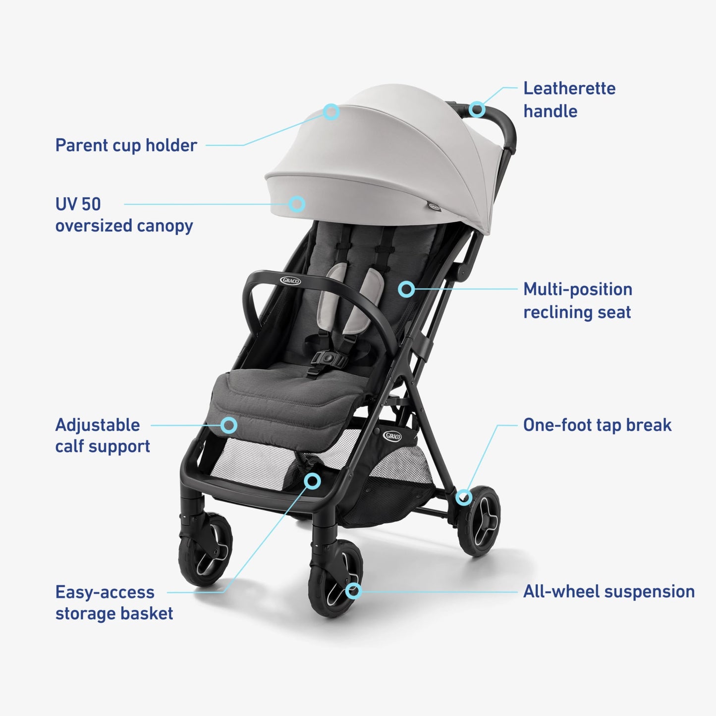 Graco Ready2Jet compact travel stroller with overhead-friendly design and automatic fold, shown in Kingston color.