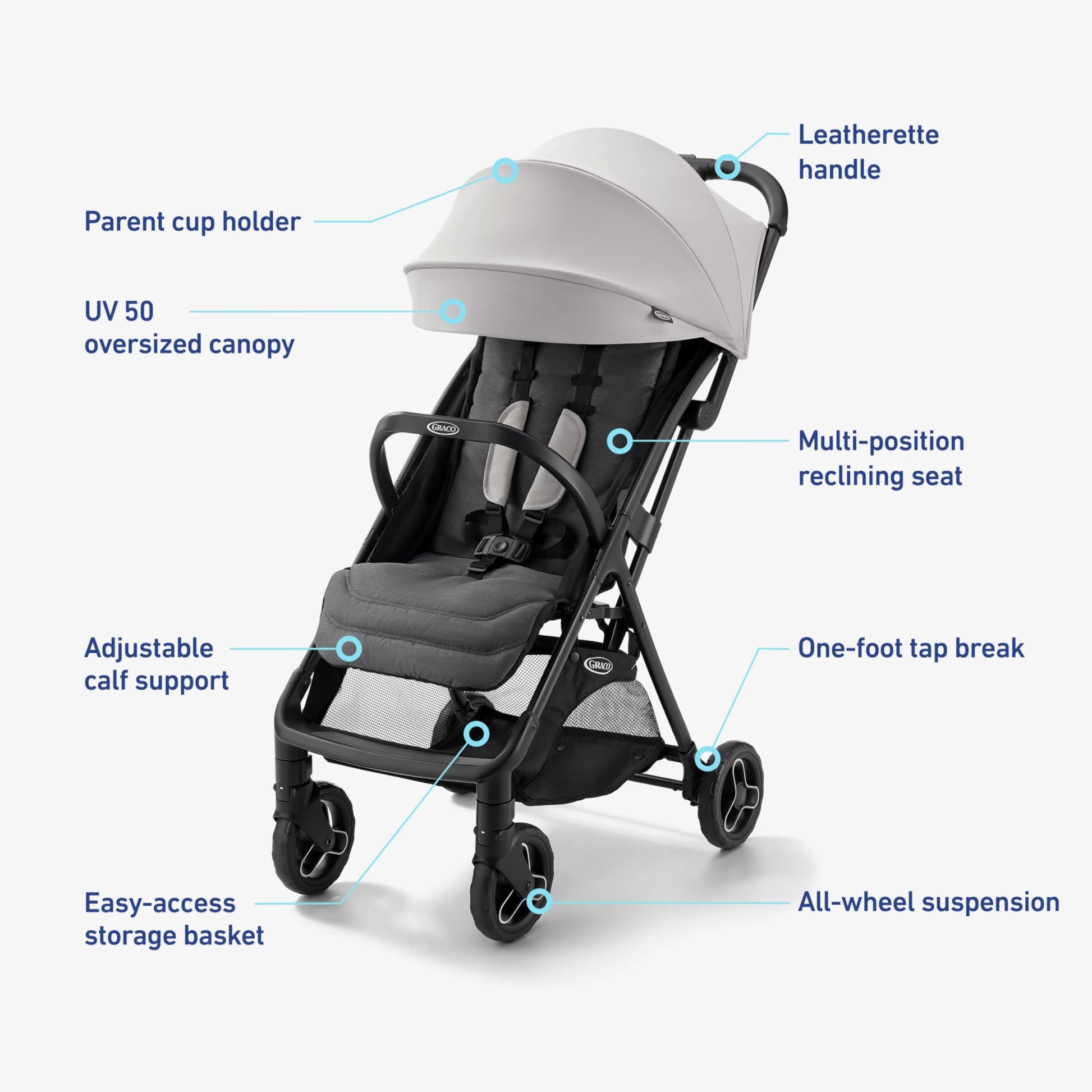 Graco Ready2Jet compact travel stroller with overhead-friendly design and automatic fold, shown in Kingston color.