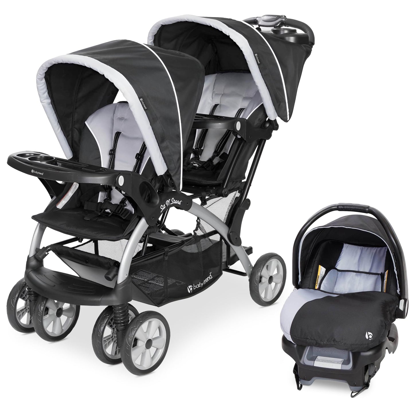 Baby Trend infant and toddler double stroller with car seat, lightweight Stormy travel system tandem for babies and toddlers.