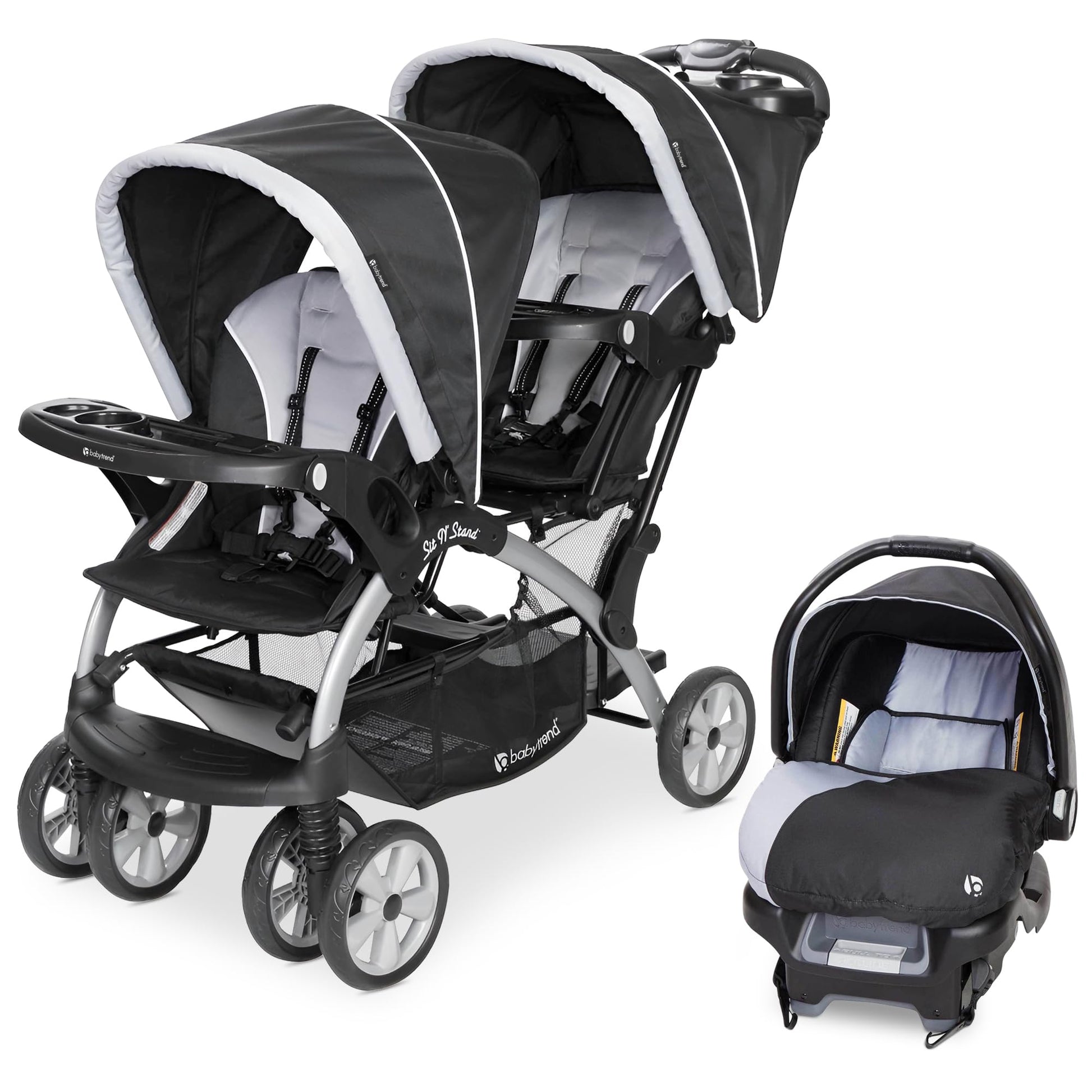 Baby Trend infant and toddler double stroller with car seat in Stormy, lightweight and portable tandem travel system, two-piece set.
