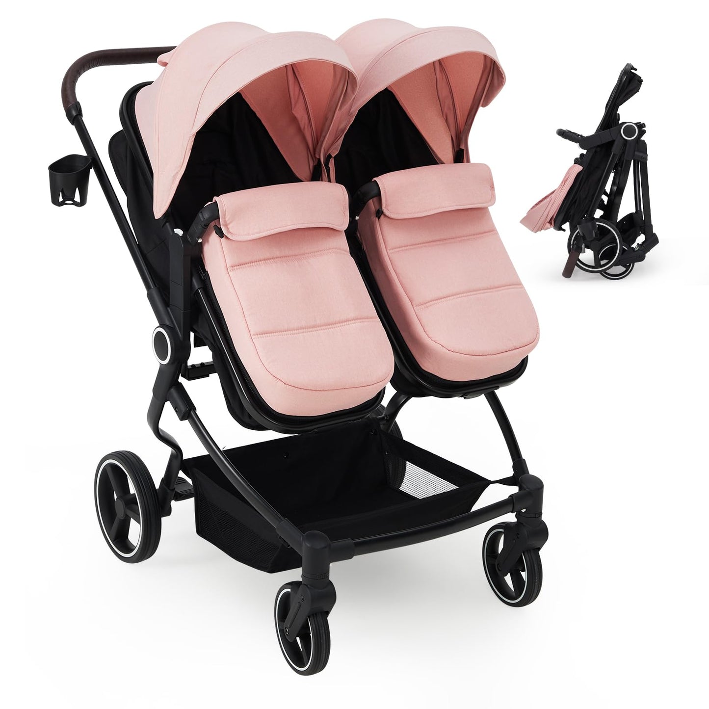 Lightweight twin stroller by My Store with reclining seats, adjustable canopies, 5-point harness, and side-by-side double design.