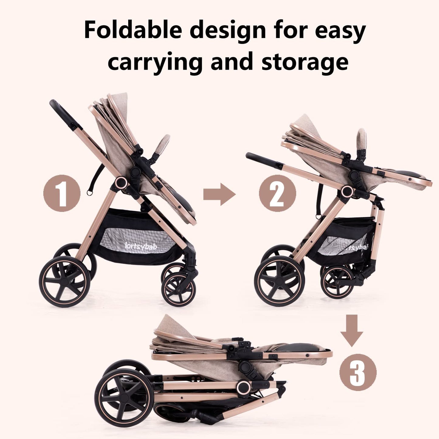Lortsybab 2-in-1 baby stroller with beige frame, reversible seat, compact fold, suitable for infants and toddlers 0-36 months.