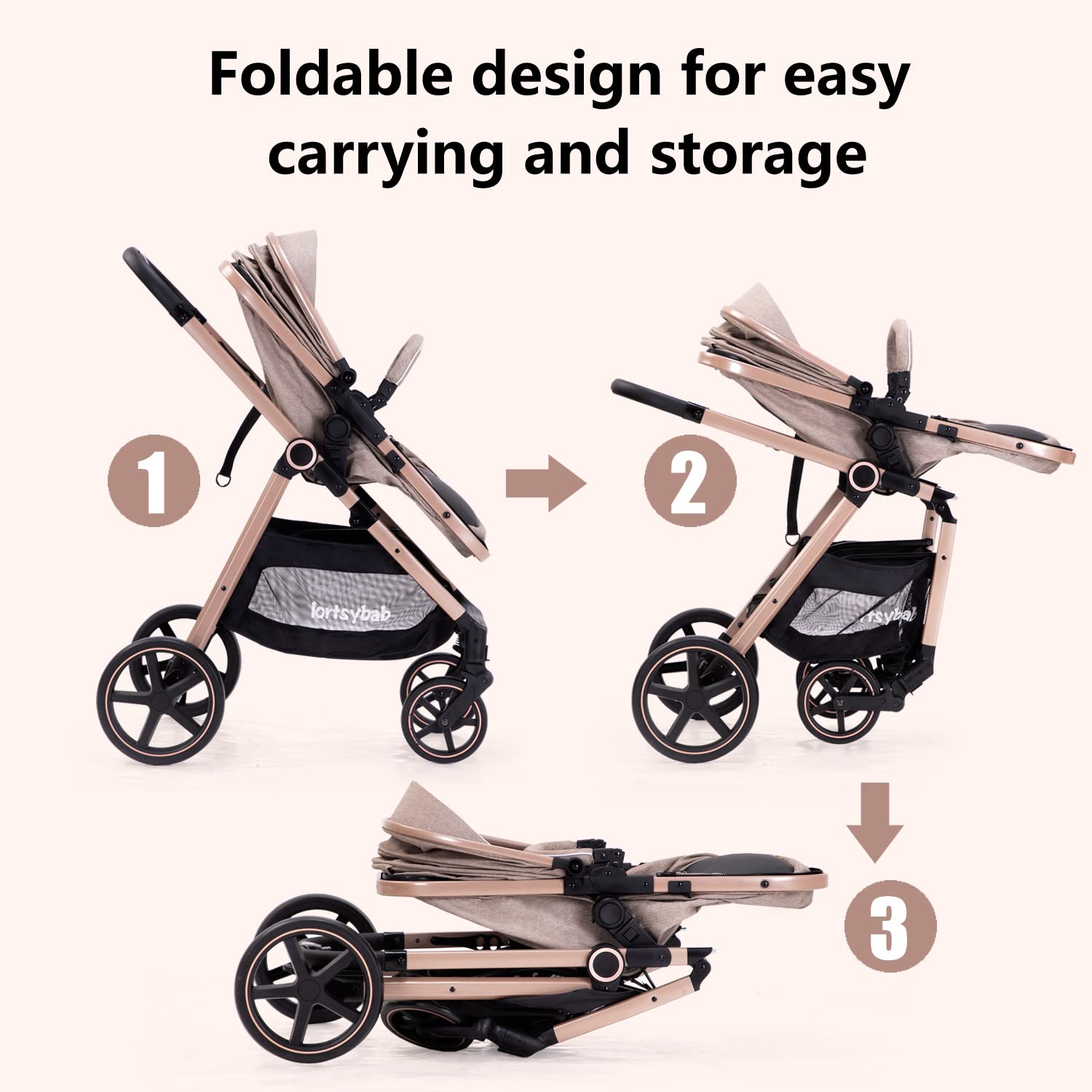 Lortsybab 2-in-1 baby stroller with beige frame, reversible seat, compact fold, suitable for infants and toddlers 0-36 months.