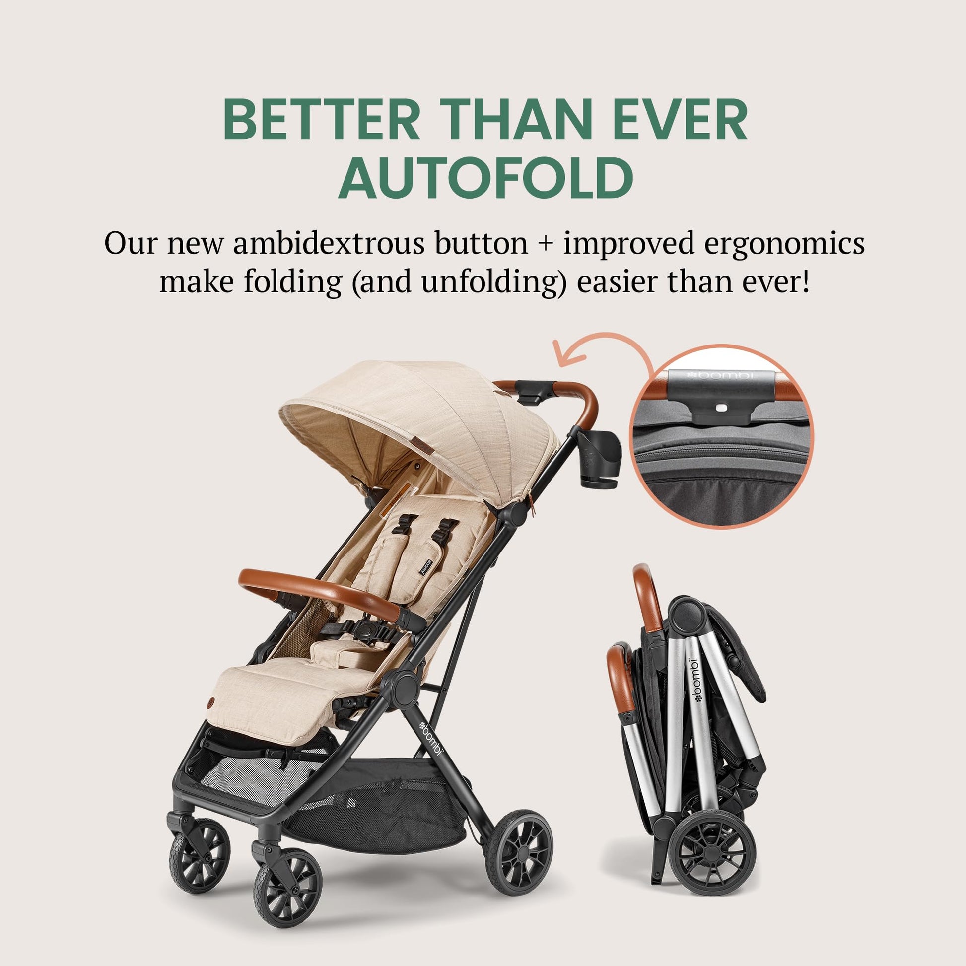 Bombi Bēbee V2 lightweight baby stroller with vegan leather, one-hand fold, infinite recline, aluminum frame, XXL canopy, and ample storage