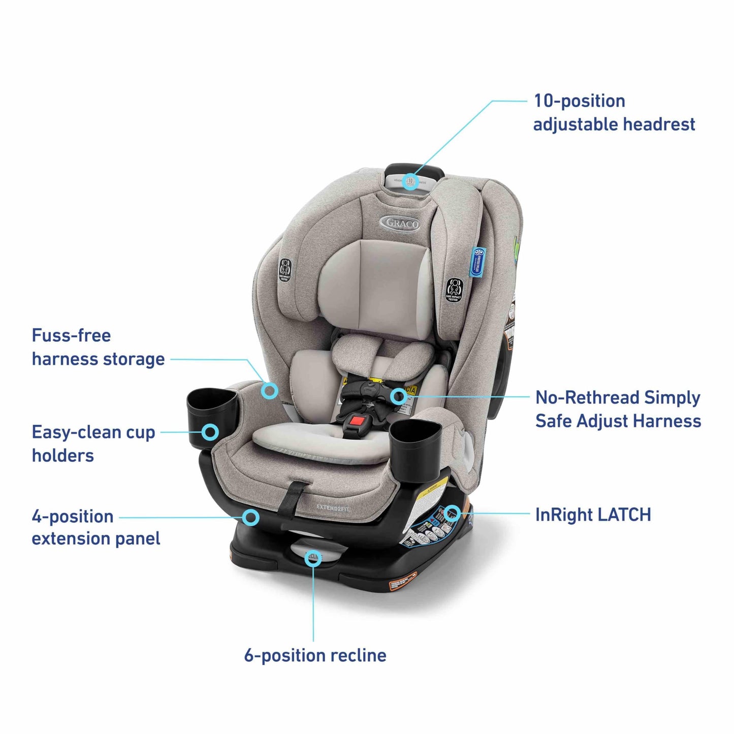 Graco Extend2Fit convertible baby car seat in Gotham with adjustable extension panel for extra legroom, rear and forward facing.