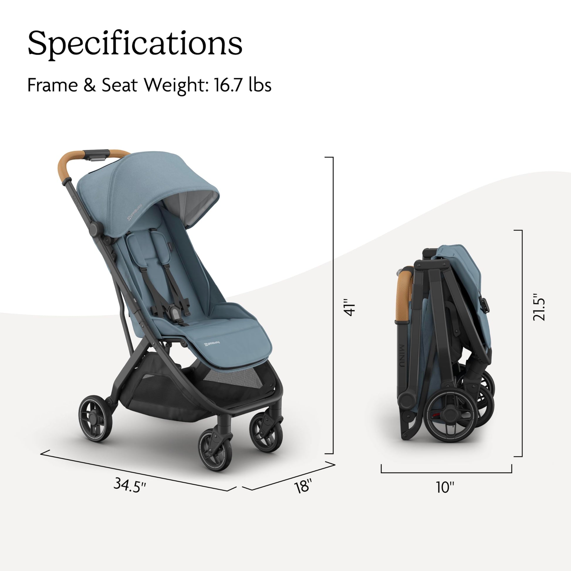 UPPAbaby Minu V3 lightweight travel stroller in Greyson, charcoal mélange with carbon frame and saddle leather, folded and unfolded.