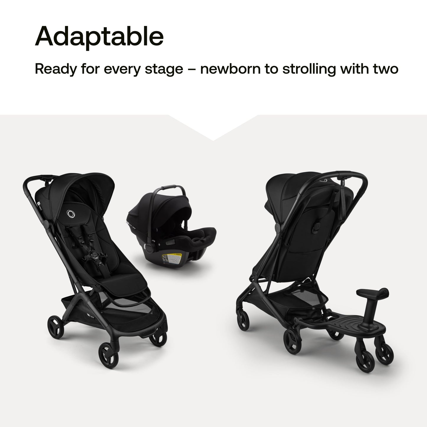 Black Bugaboo Butterfly 2 travel stroller folded, showing its ultra-compact, lightweight design and airplane-friendly features.