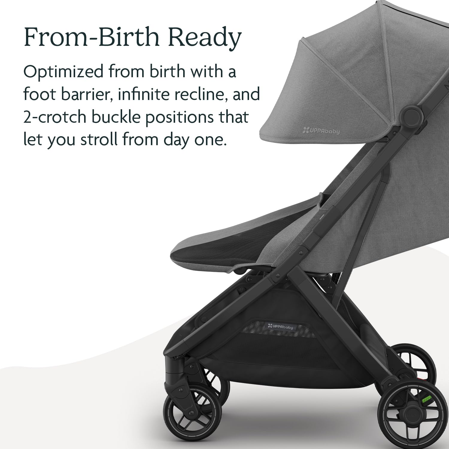 UPPAbaby Minu V3 lightweight travel stroller in Greyson with charcoal mélange fabric, carbon frame, saddle leather, one-hand fold.