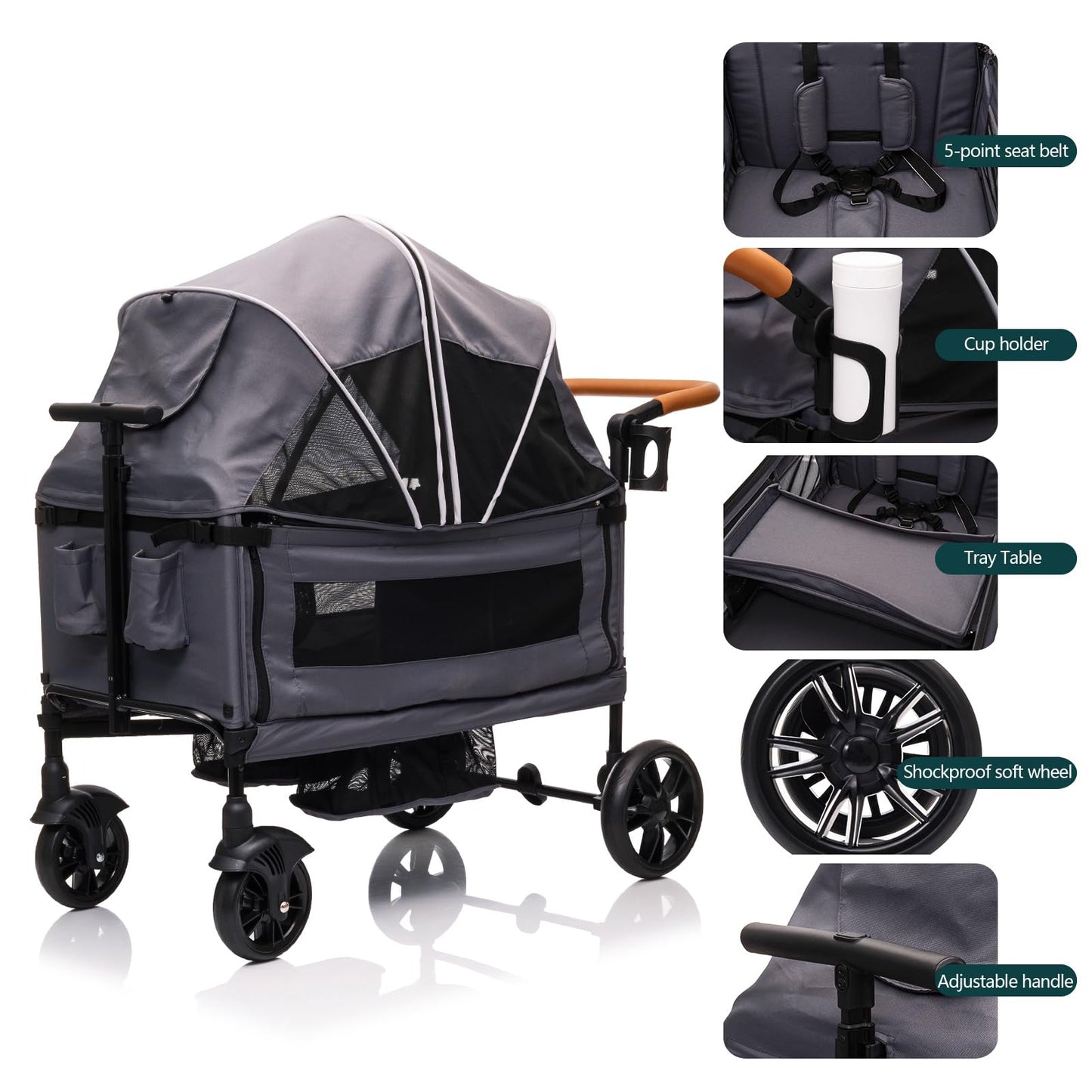 Luxury My Store double wagon stroller with canopy, tray, cup holder, 5-point harness, adjustable handle, lightweight foldable design.