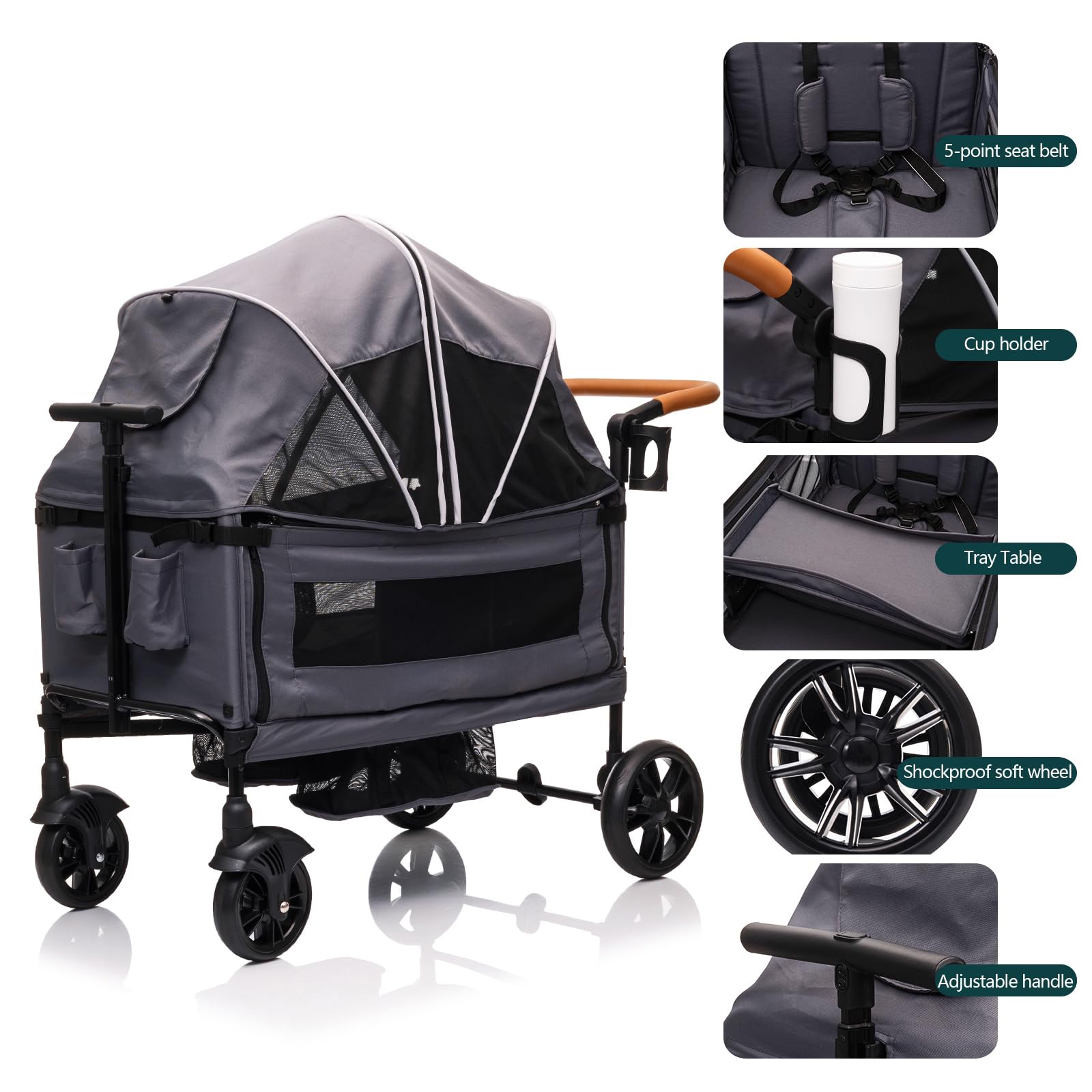 Luxury My Store double wagon stroller with canopy, tray, cup holder, 5-point harness, adjustable handle, lightweight foldable design.