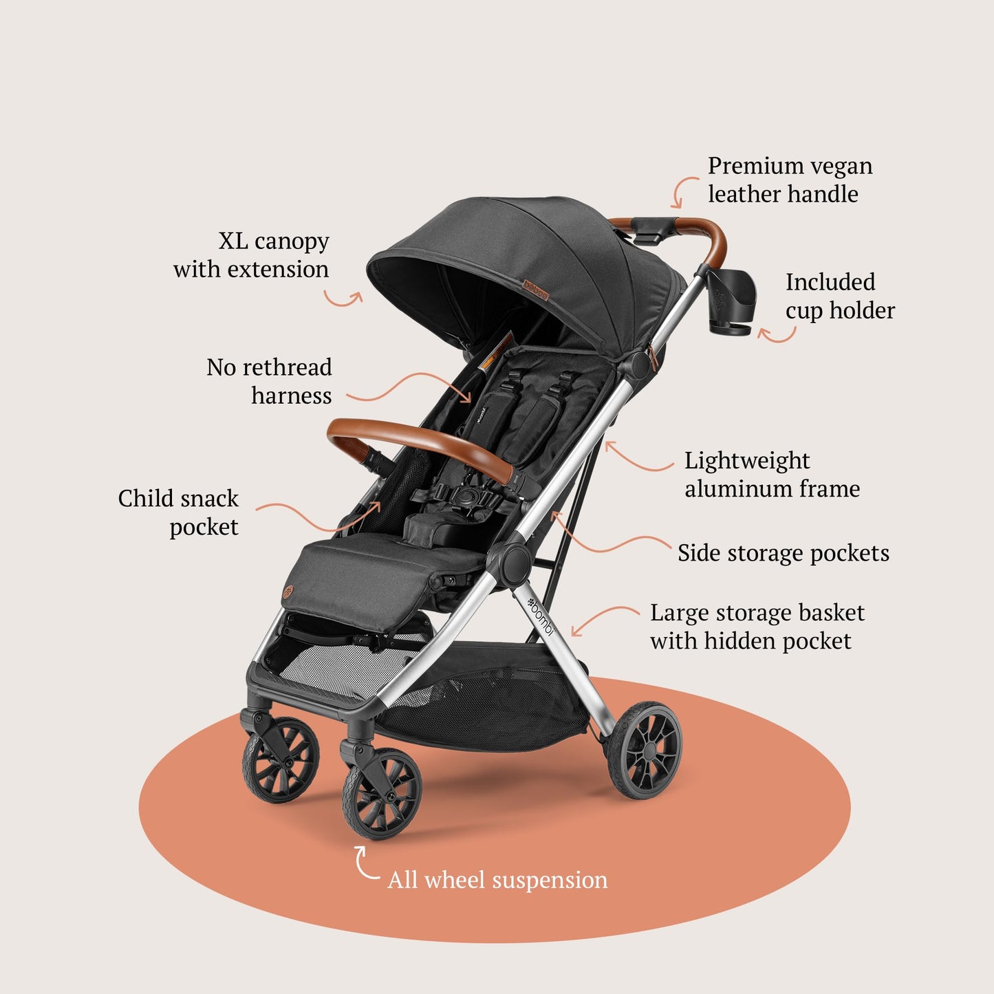 Lightweight Bombi Bēbee V2 baby stroller in Hickory with vegan leather, one-hand fold, large canopy, aluminum frame, and ample storage