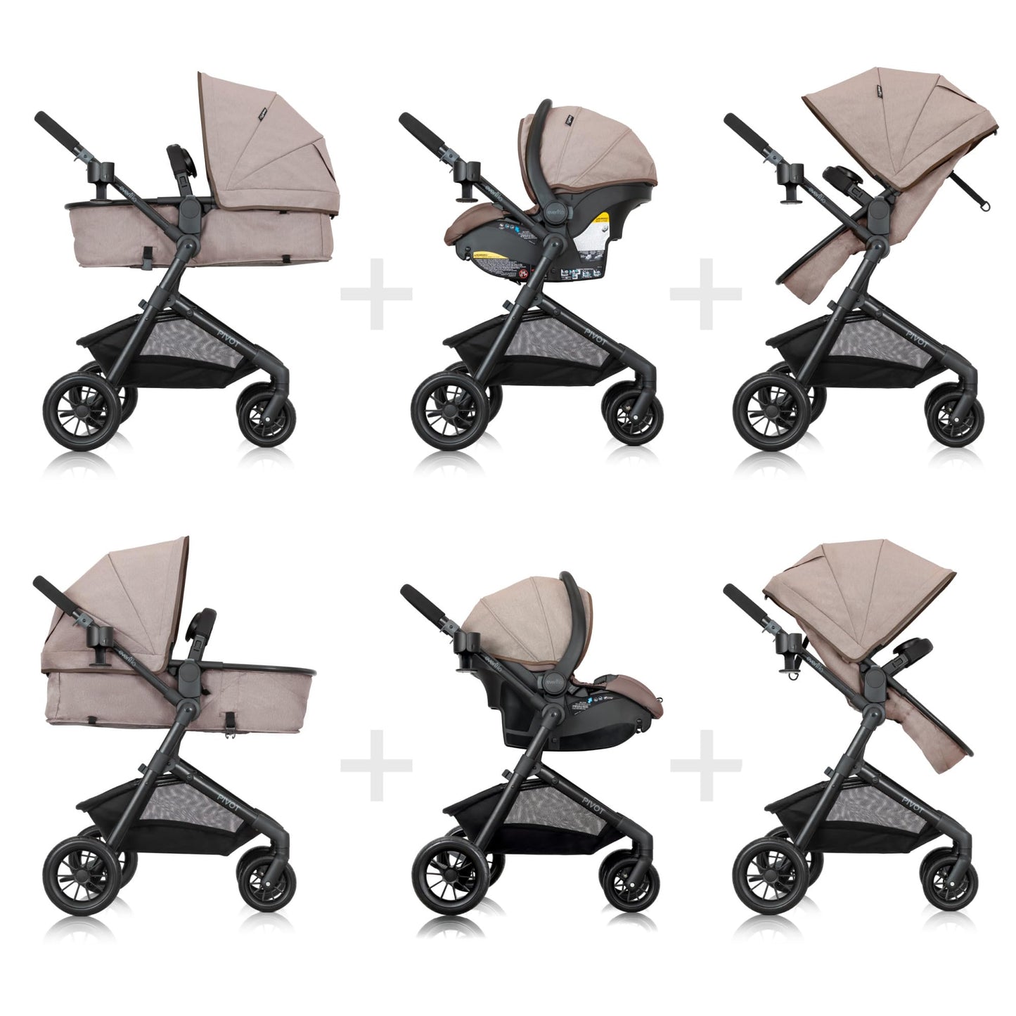 Evenflo Pivot Modular Travel System with LiteMax Preemie and Infant Car Seat in casual gray, showing the car seat and stroller setup.