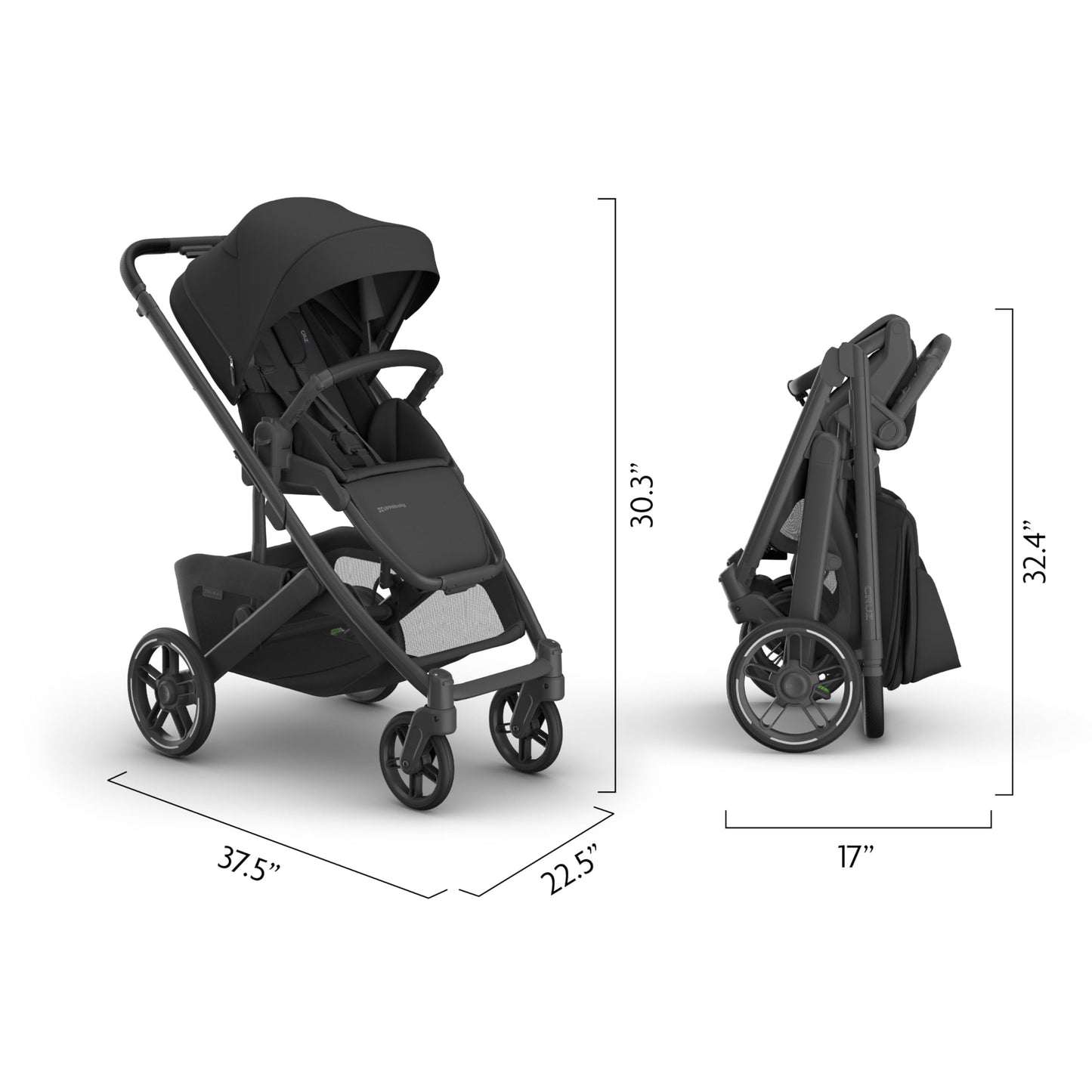 UPPAbaby Cruz V3 stroller in Greyson, featuring a full-size reversible seat, infant insert, and included bug and rain shields.