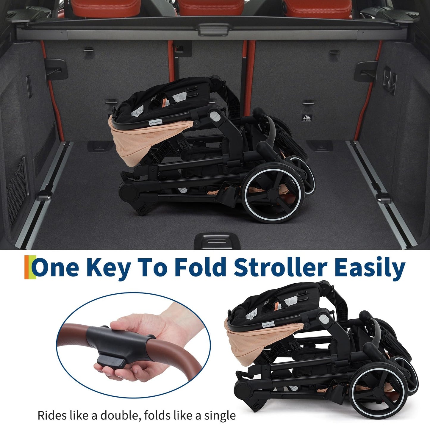 Dark grey tandem double stroller for newborn and toddler, with reversible seats, adjustable canopy, large storage, and one-hand fold.
