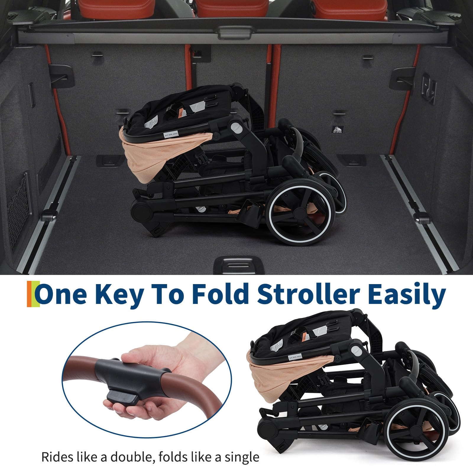 Dark grey tandem double stroller for newborn and toddler, with reversible seats, adjustable canopy, large storage, and one-hand fold.