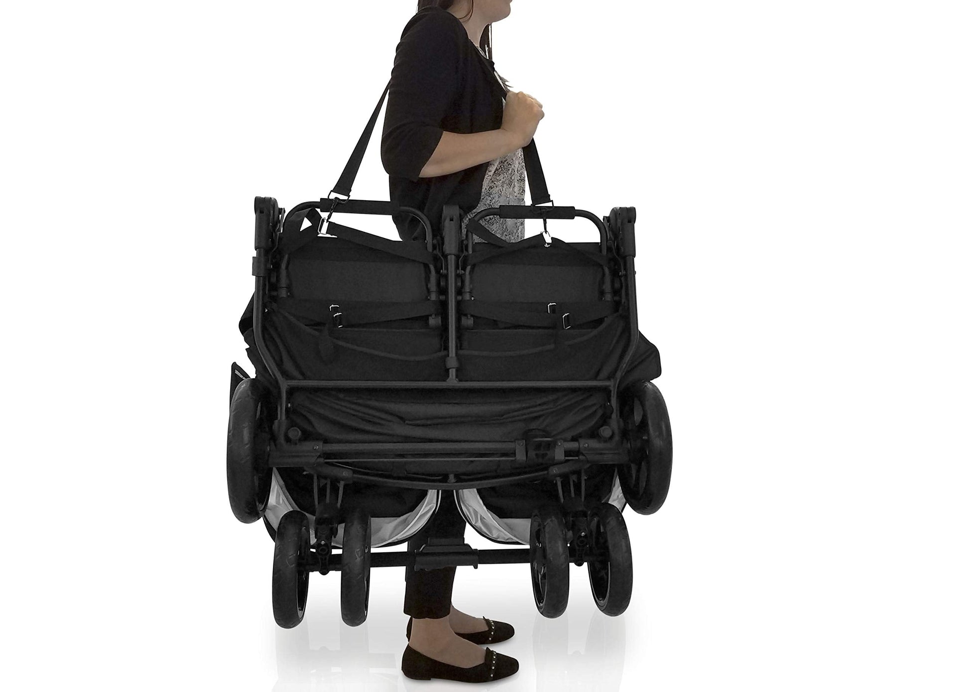 Jeep Destination Ultralight Side-by-Side Double Stroller in Midnight, compact and lightweight for convenient family outings.