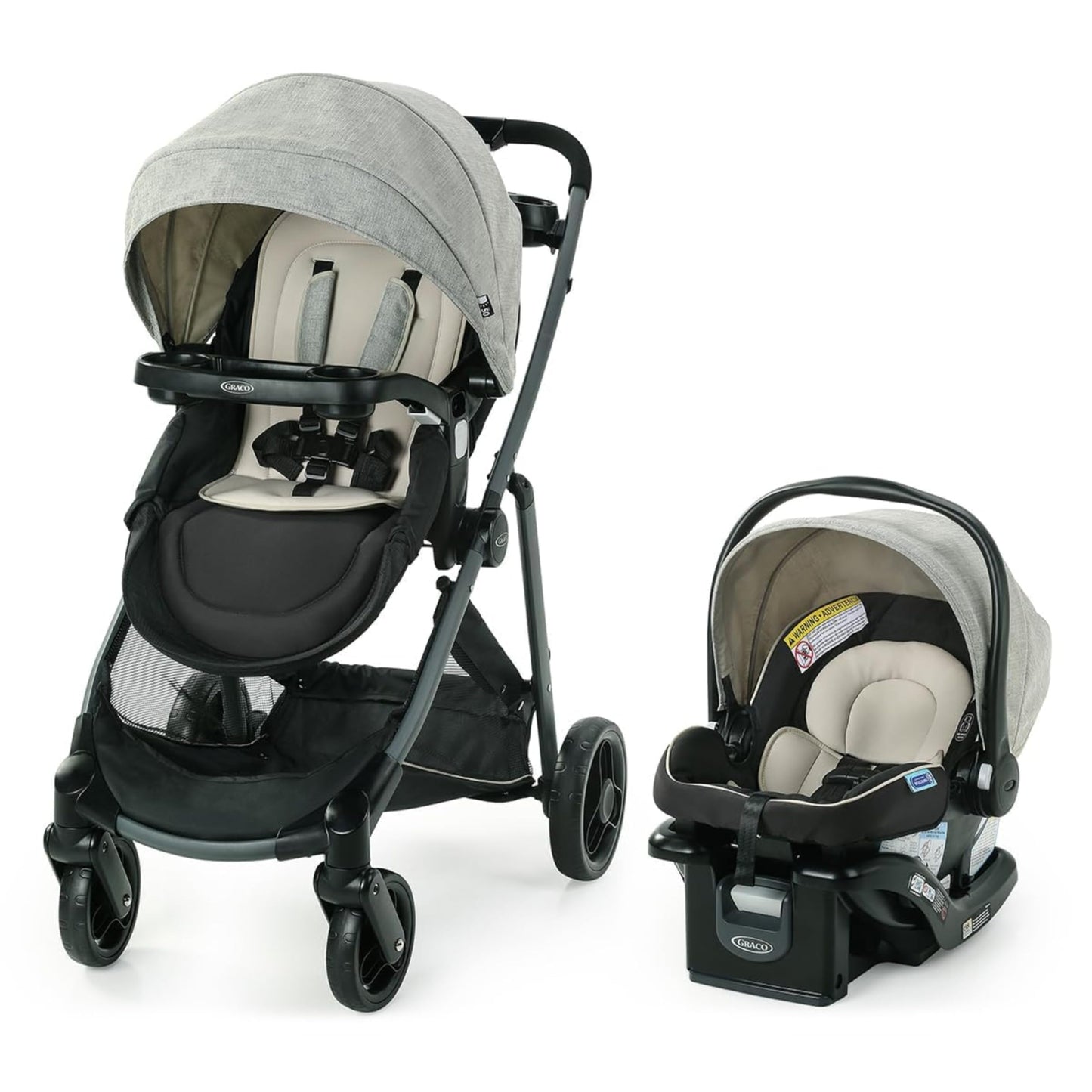Gray Graco Modes Element Travel System with stroller, car seat, and canter pattern, suitable for infants and toddlers.