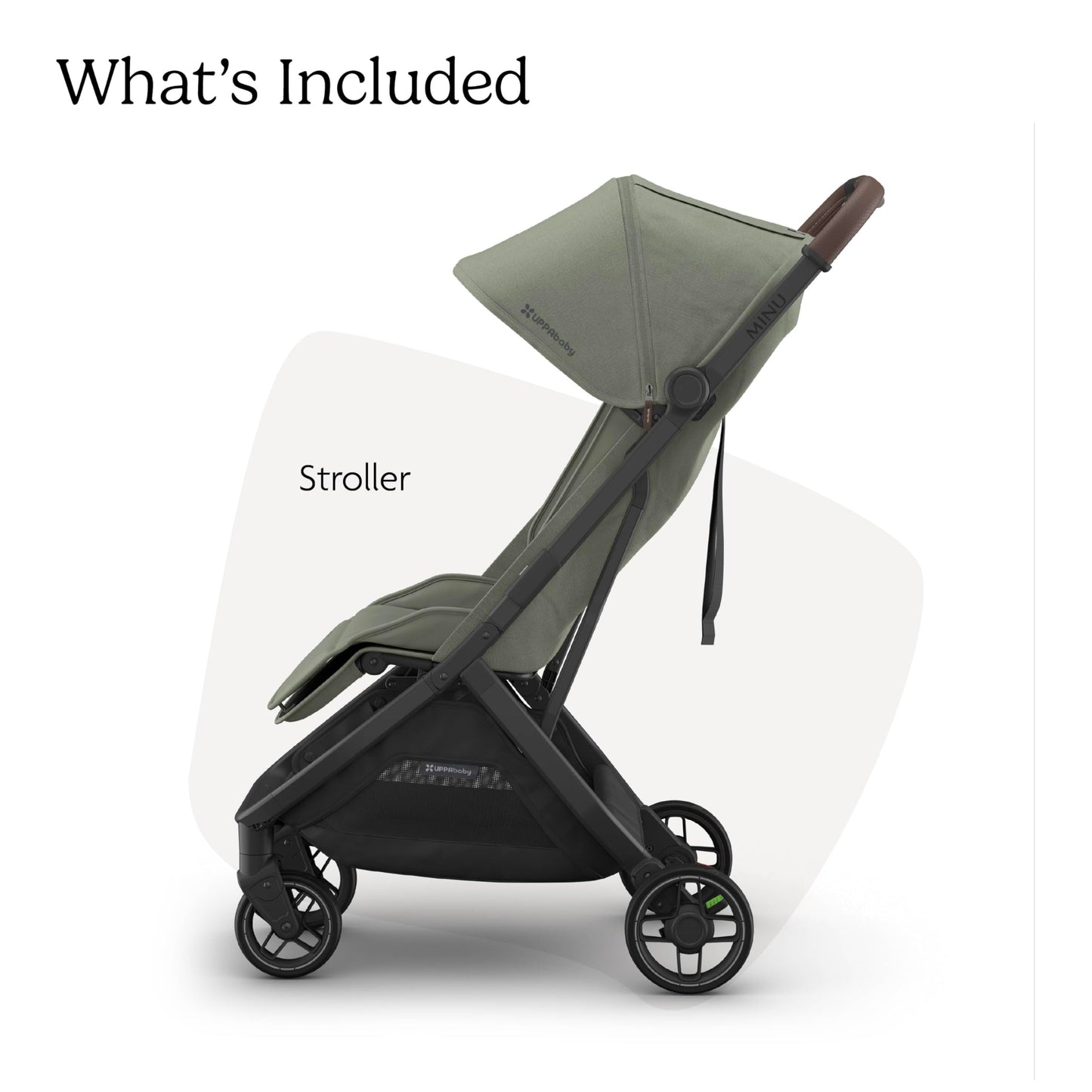 UPPAbaby Minu V3 travel stroller in greyson color with charcoal frame and saddle leather, showing lightweight, compact design and one-hand fold.