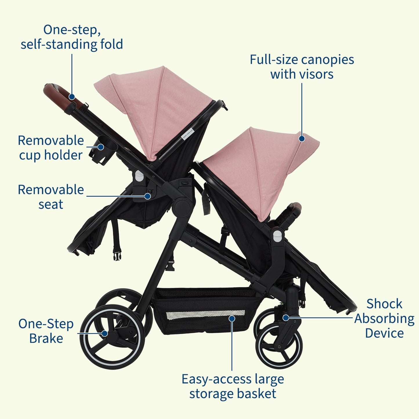 My Store tandem stroller with double bassinet, reversible seats, adjustable canopy, one-hand fold, and large storage basket in black.