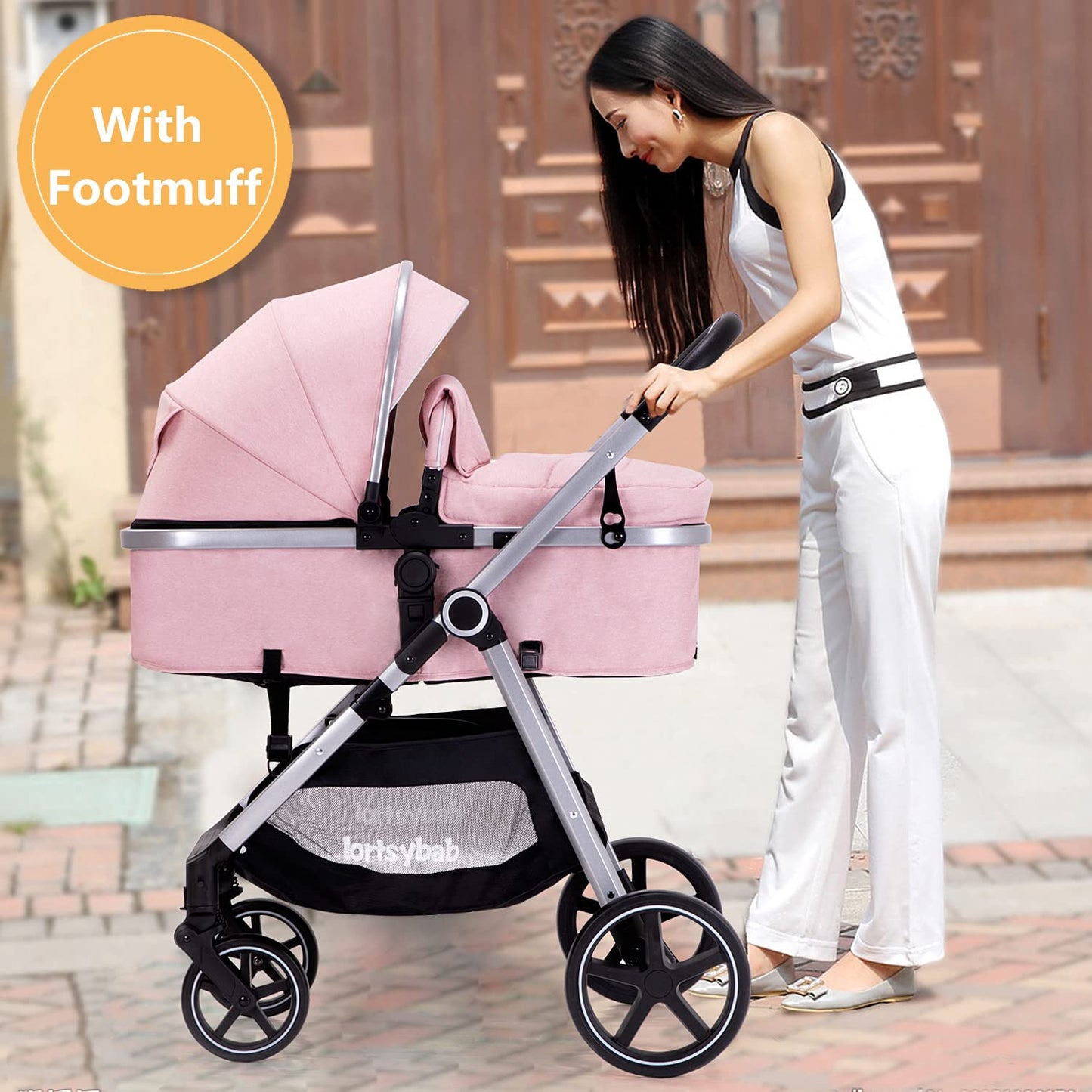 Lortsybab 2-in-1 baby stroller with beige frame, reversible seat, suitable for infants to toddlers aged 0-36 months.