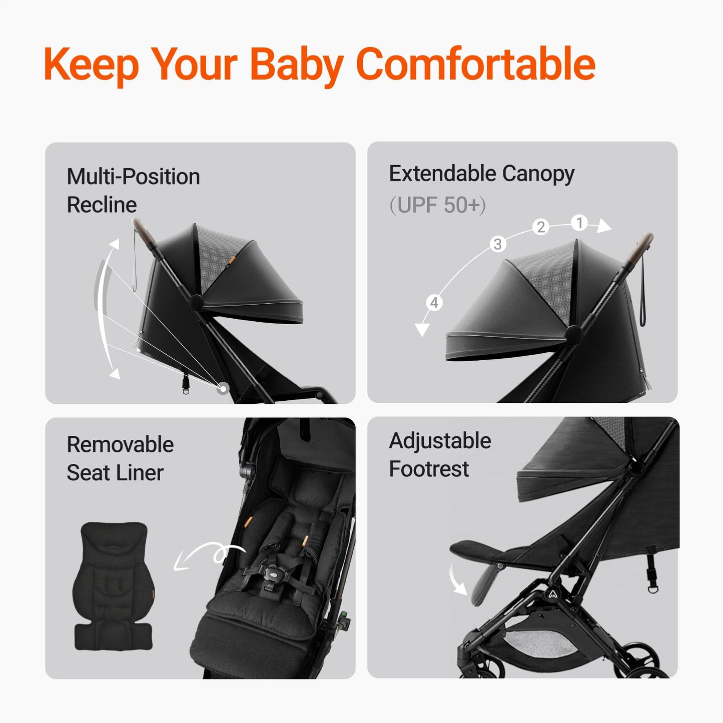Lightweight MAMAZING Ultra Air baby travel stroller with carbon fiber frame, one-handed fold, compact design, ideal for toddlers.