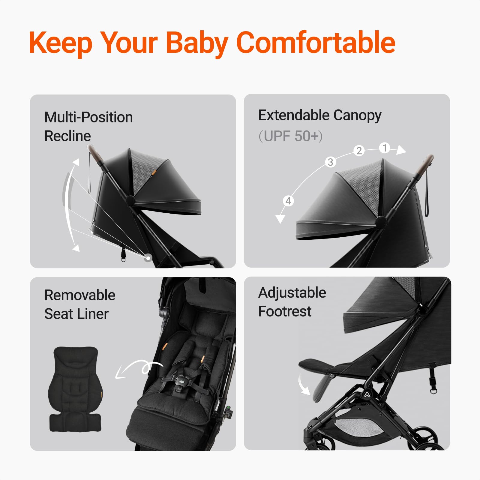 Lightweight MAMAZING Ultra Air baby travel stroller with carbon fiber frame, one-handed fold, compact design, ideal for toddlers.