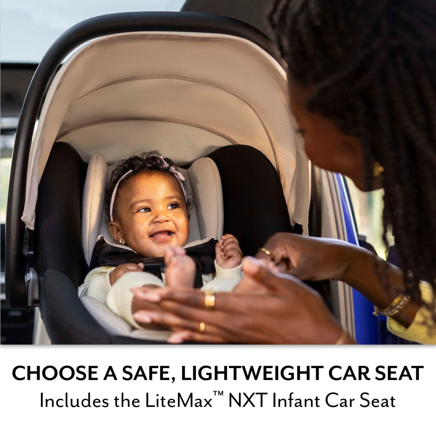 Evenflo Pivot NXT travel system with LiteMax NXT infant car seat in Latte Tan, featuring stroller and car seat components.