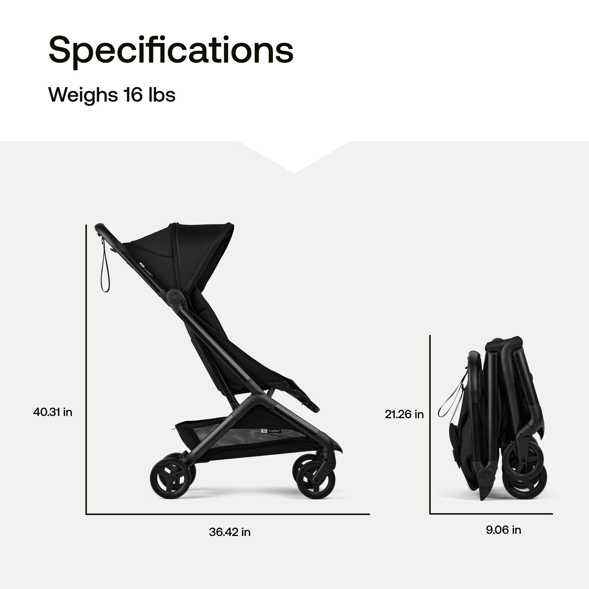 Bugaboo Butterfly 2 travel stroller in black, ultra-compact, lightweight, and airplane-friendly with one-second fold mechanism.