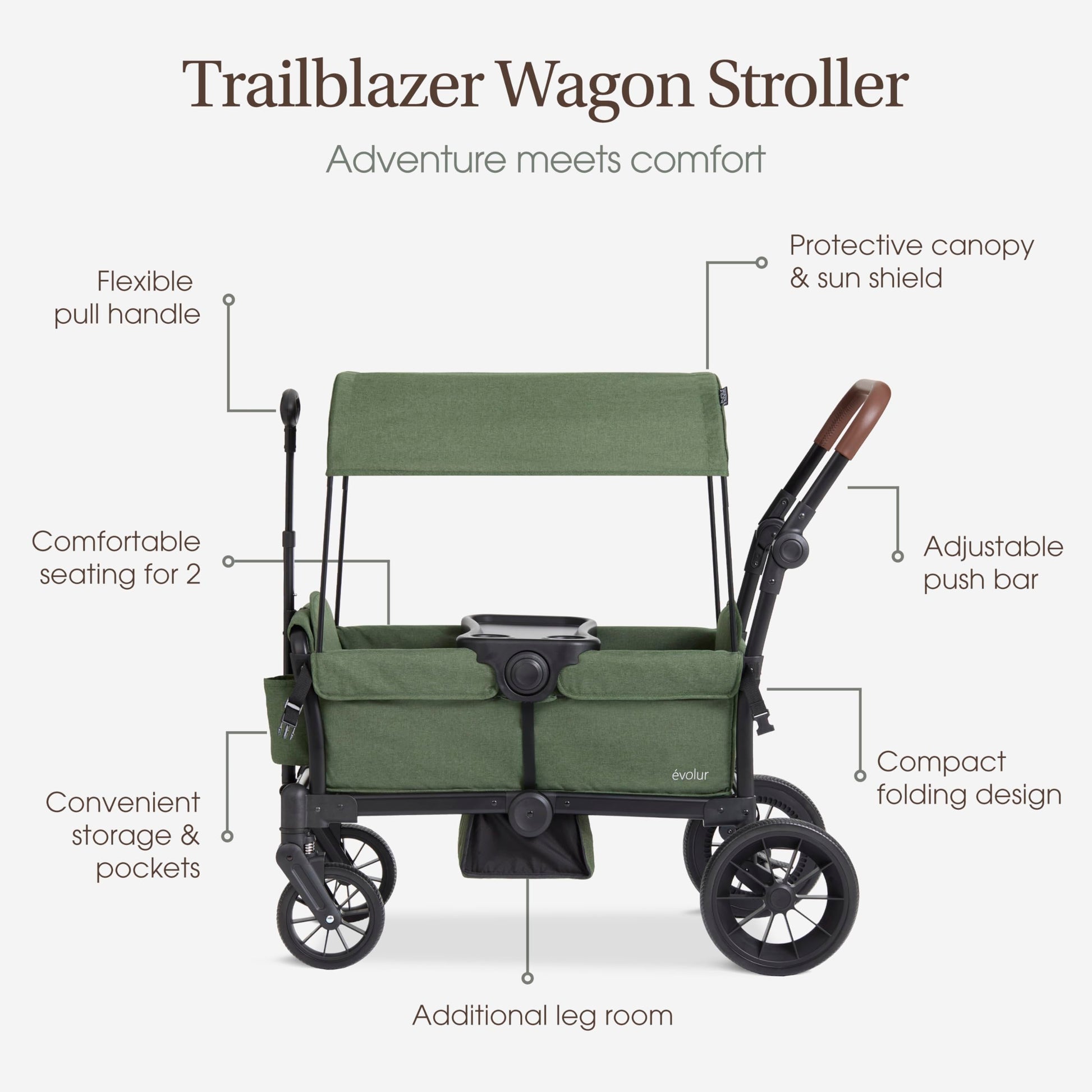 Evolur Trailblazer double wagon stroller in black with removable canopy, all-terrain wheels, 5-point harness, and spacious storage.