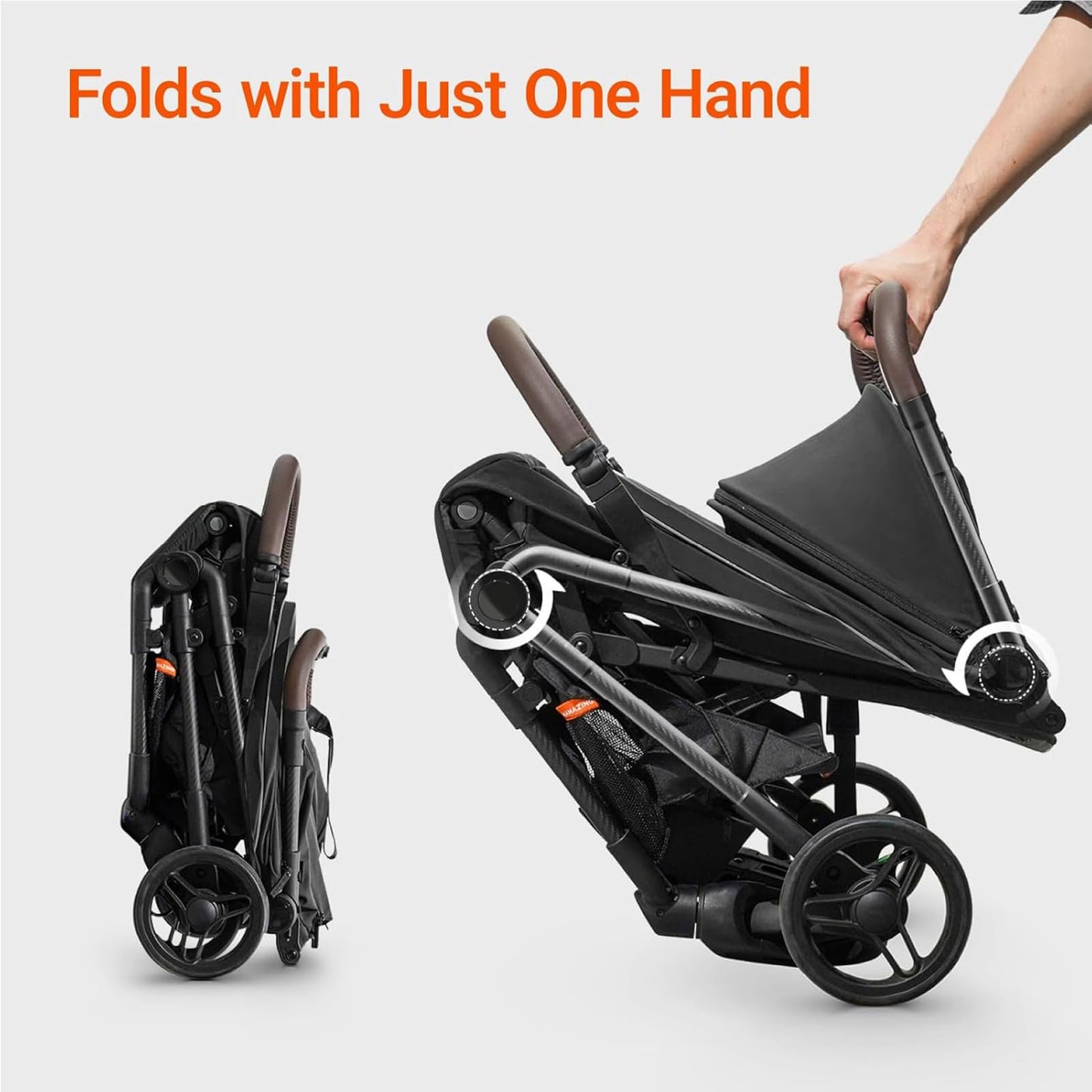 Lightweight MAMAZING Ultra Air baby travel stroller with carbon fiber frame, one-handed fold, compact design, suitable for toddlers.