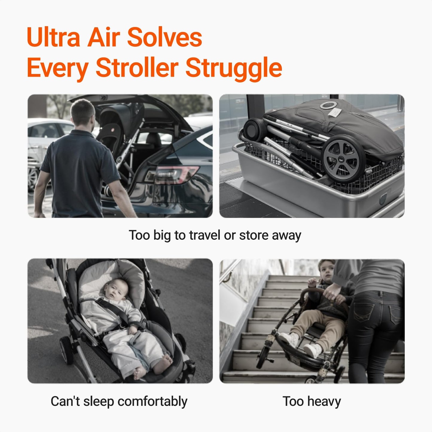 Lightweight MAMAZING Ultra Air baby travel stroller with carbon fiber frame, compact design, one-handed fold, suitable for toddlers.