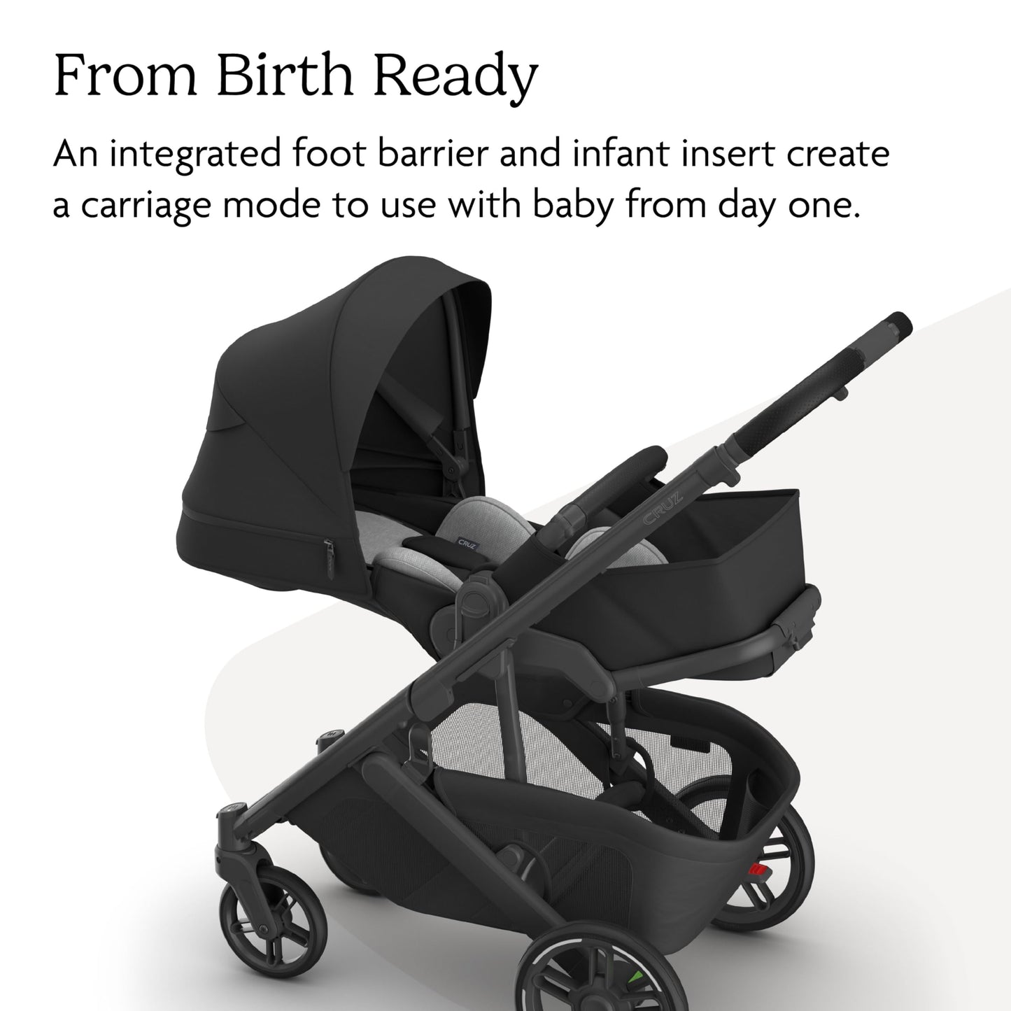 UPPAbaby Cruz V3 stroller in Greyson with reversible seat, infant insert, bug and rain shields, charcoal mélange fabric, carbon frame