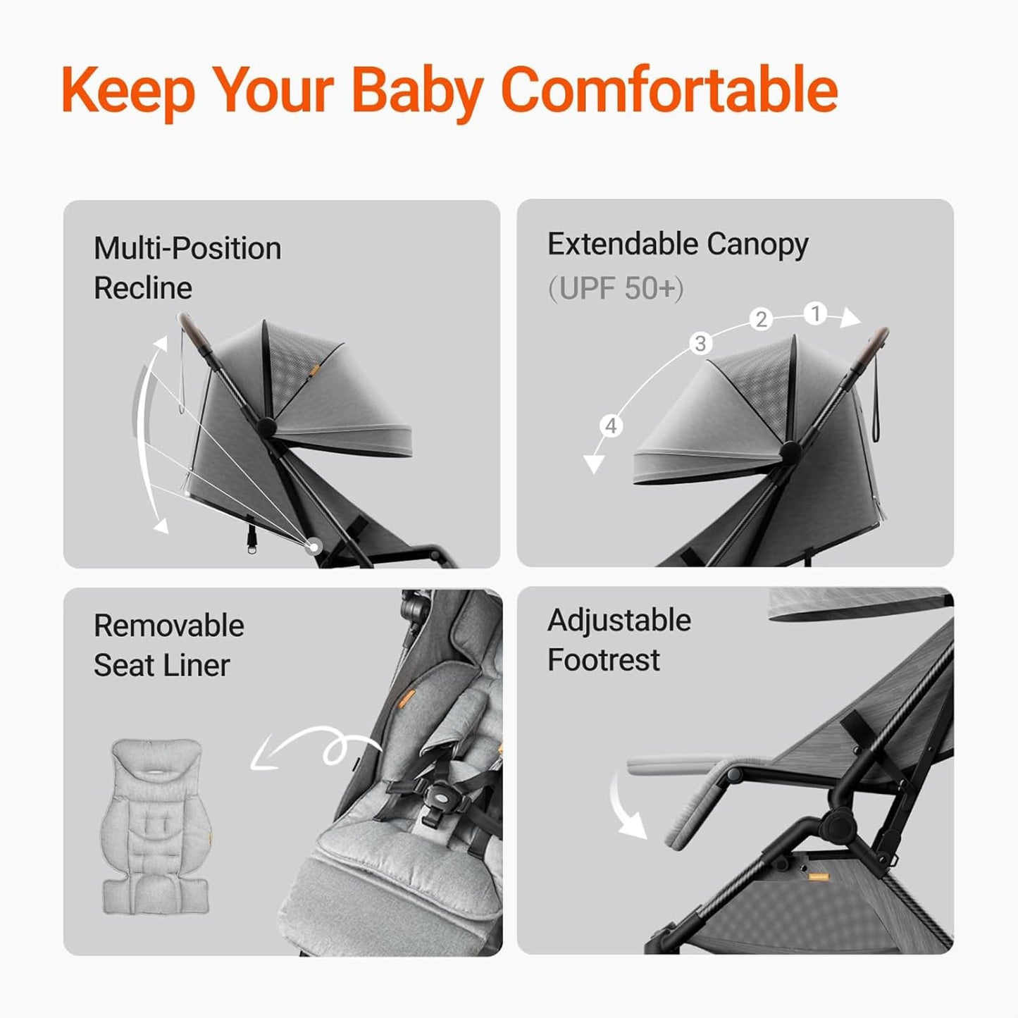 Lightweight MAMAZING Ultra Air baby travel stroller with carbon fiber frame, one-handed fold, suitable for toddlers and airplane travel