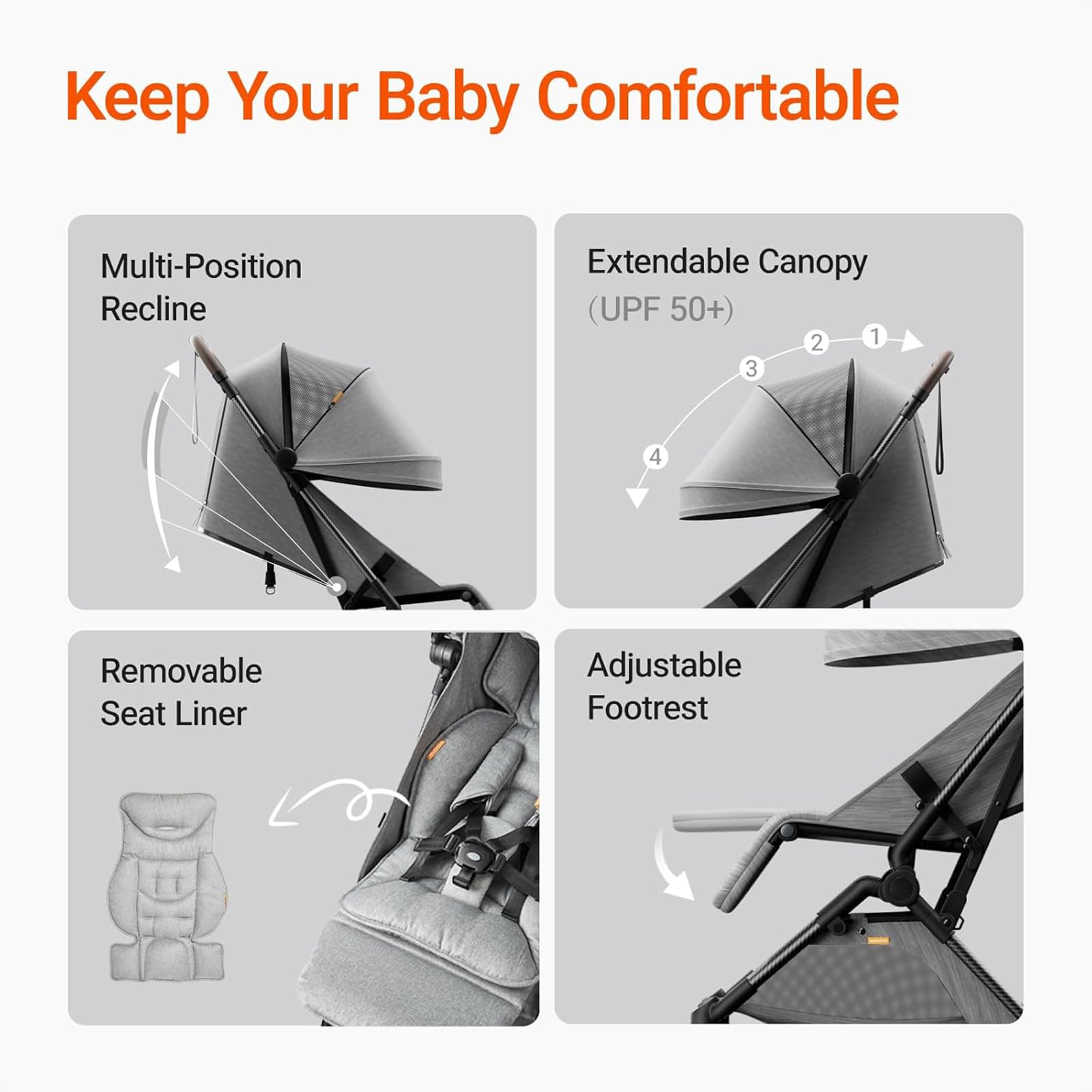 Lightweight MAMAZING Ultra Air baby travel stroller with carbon fiber frame, one-handed fold, suitable for toddlers and airplane travel
