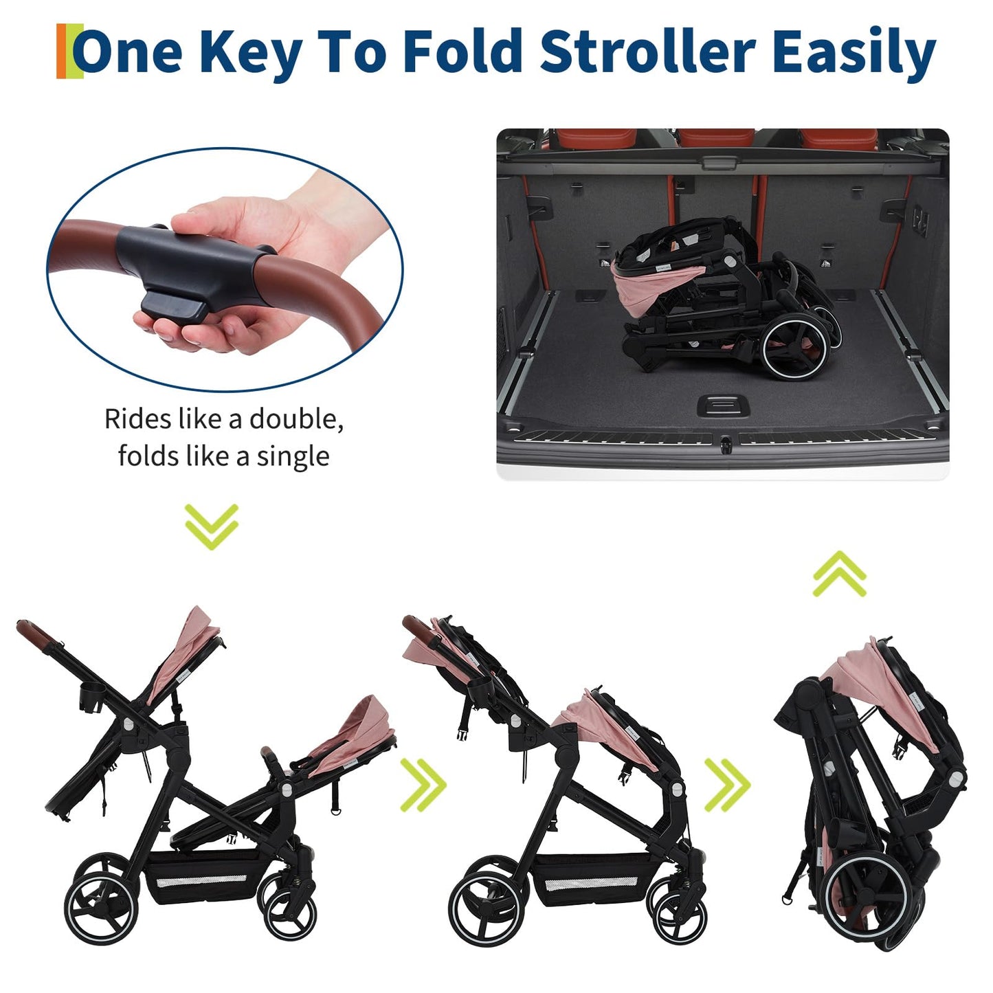 Black tandem stroller with double bassinet for newborns and toddlers, reversible seats, adjustable canopy, one-hand fold, large storage basket.