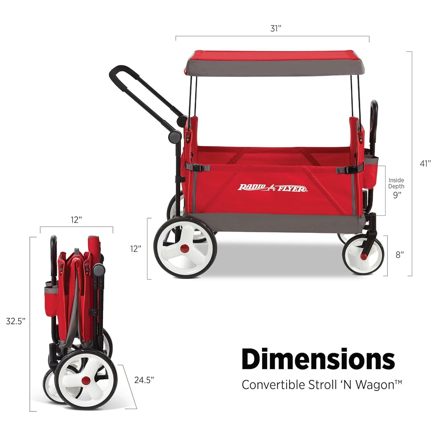 Red Radio Flyer wagon for kids with wheels, convertible stroller and rolling beach cart for toddlers ages 1 and up.