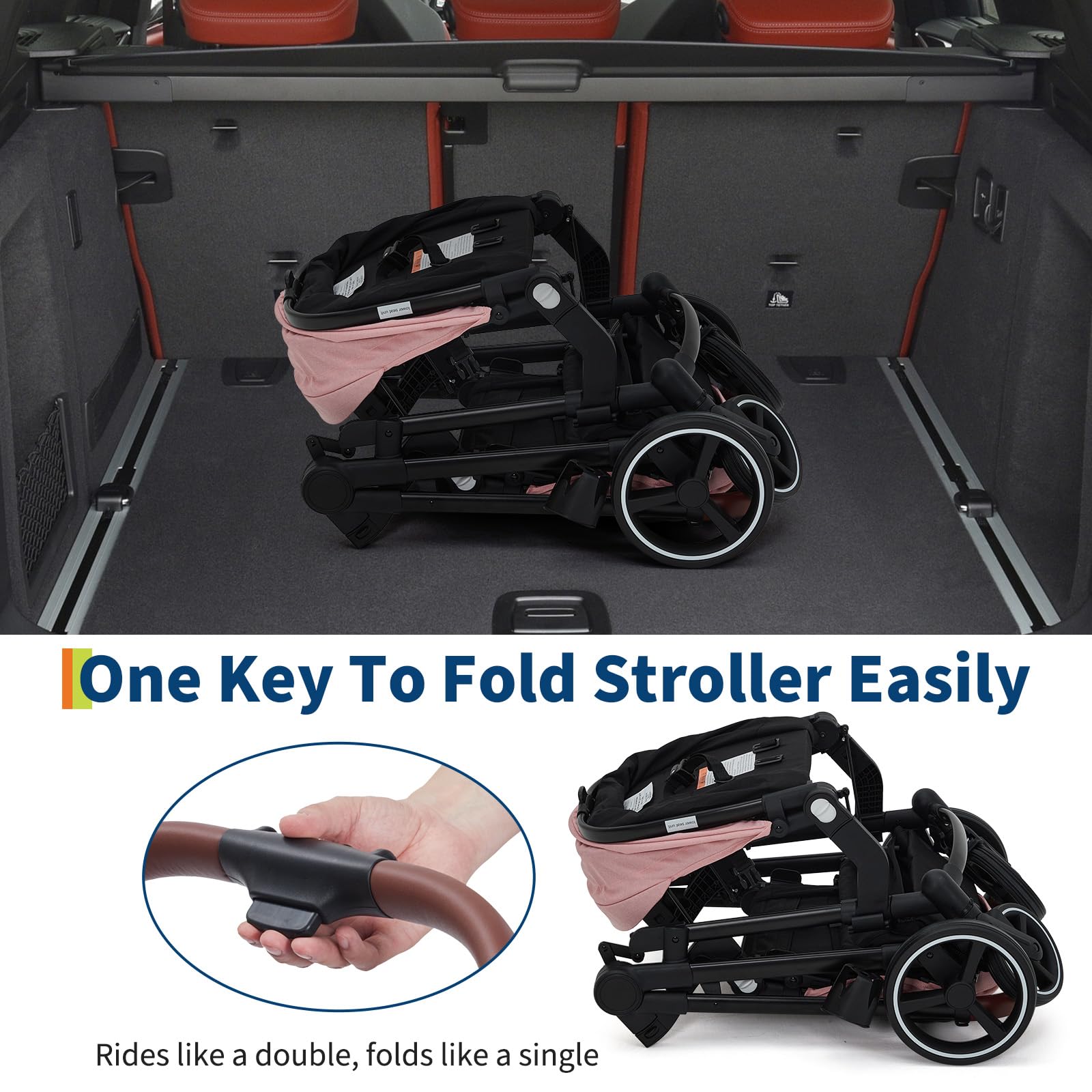 Dark grey tandem double stroller for newborn and toddler twins with reversible seats, adjustable canopy, 5-point harness, and large storage.