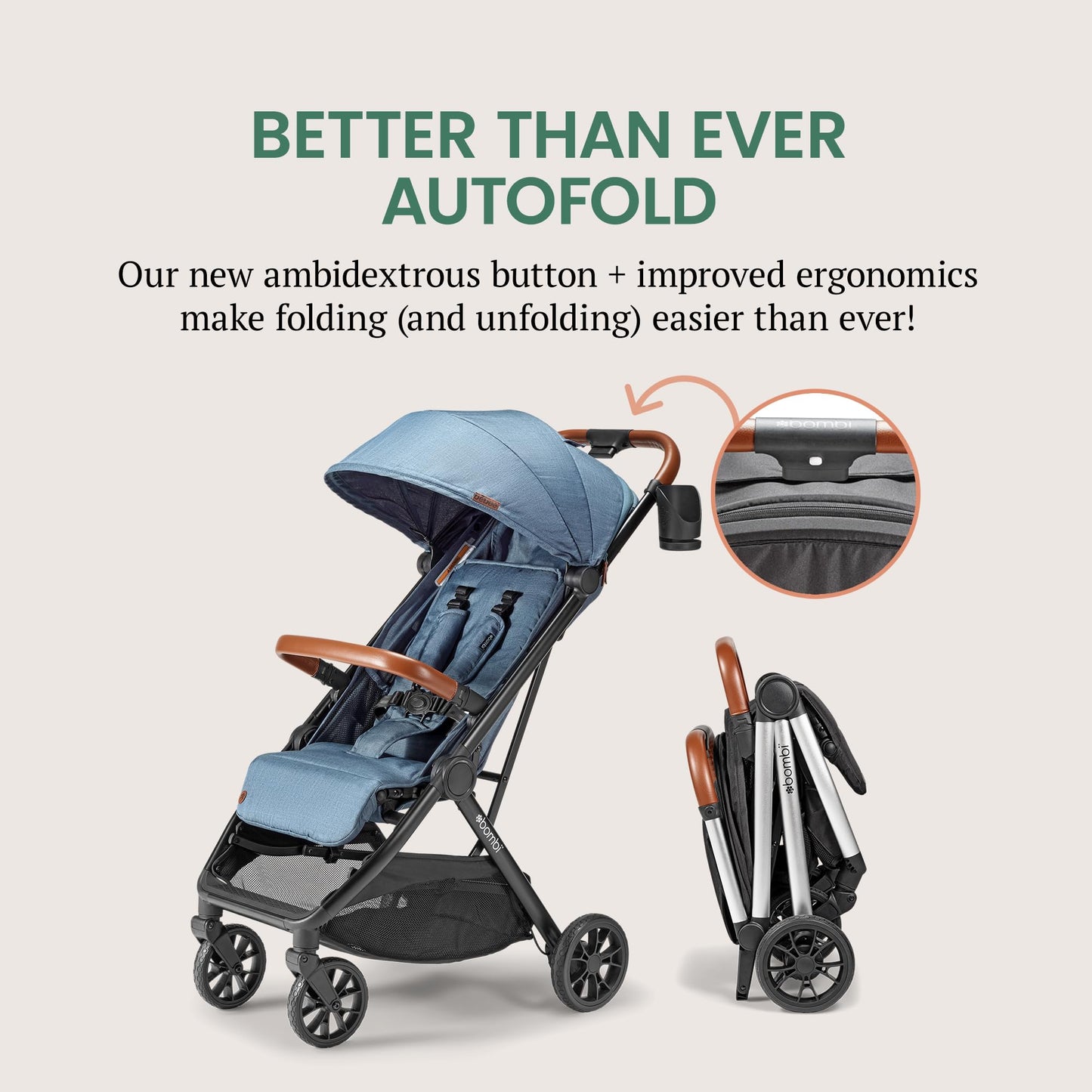 Lightweight Bombi Bēbee V2 baby stroller with vegan leather, one-hand fold, aircraft-grade frame, XXL canopy, and ample storage.
