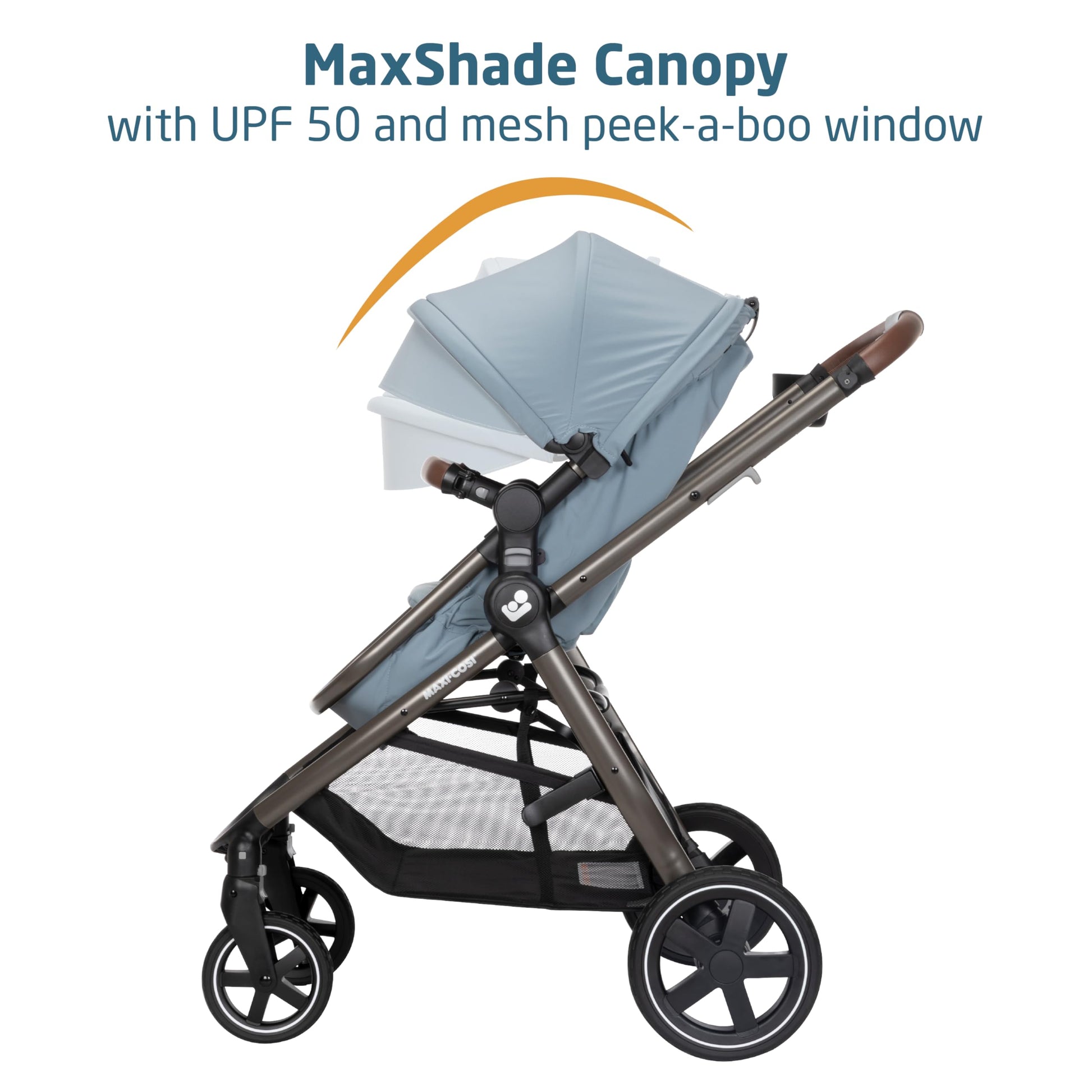 Maxi-Cosi Zelia Luxe 5-in-1 modular travel system with stroller and car seat, featuring a sleek design and adjustable components.