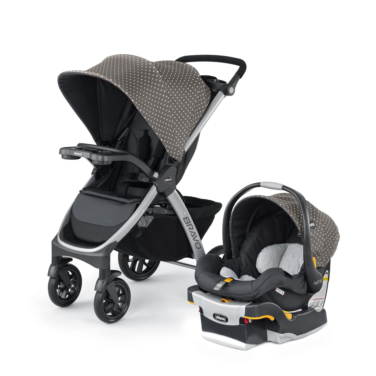 Chicco Bravo 3-in-1 travel system featuring black stroller with keyfit 30 infant car seat and base, compact quick-fold design
