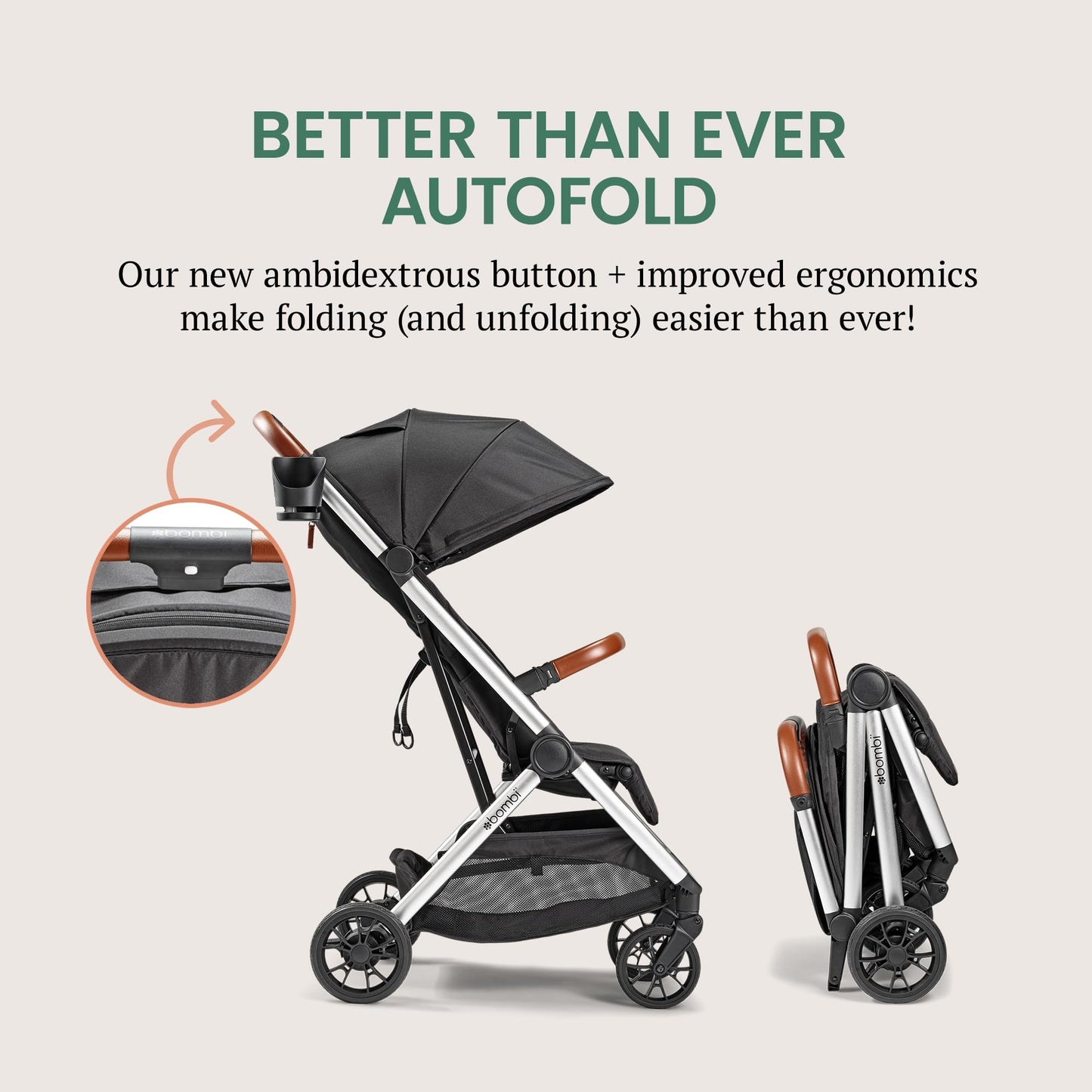 Bombi Bēbee V2 lightweight baby stroller with XXL canopy, vegan leather accents, aluminum frame, and one-hand fold in Hickory color.