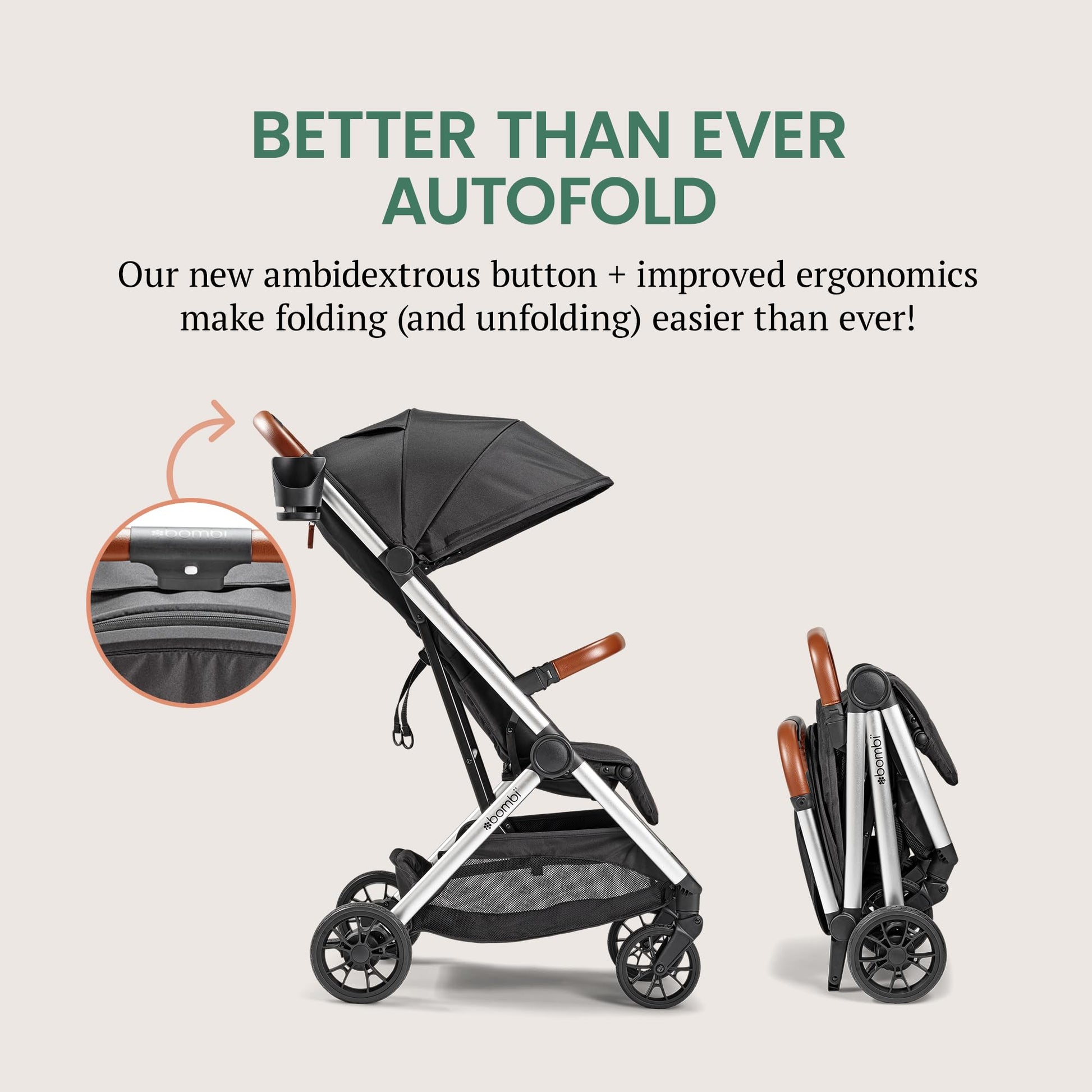 Bombi Bēbee V2 lightweight baby stroller with XXL canopy, vegan leather accents, aluminum frame, and one-hand fold in Hickory color.