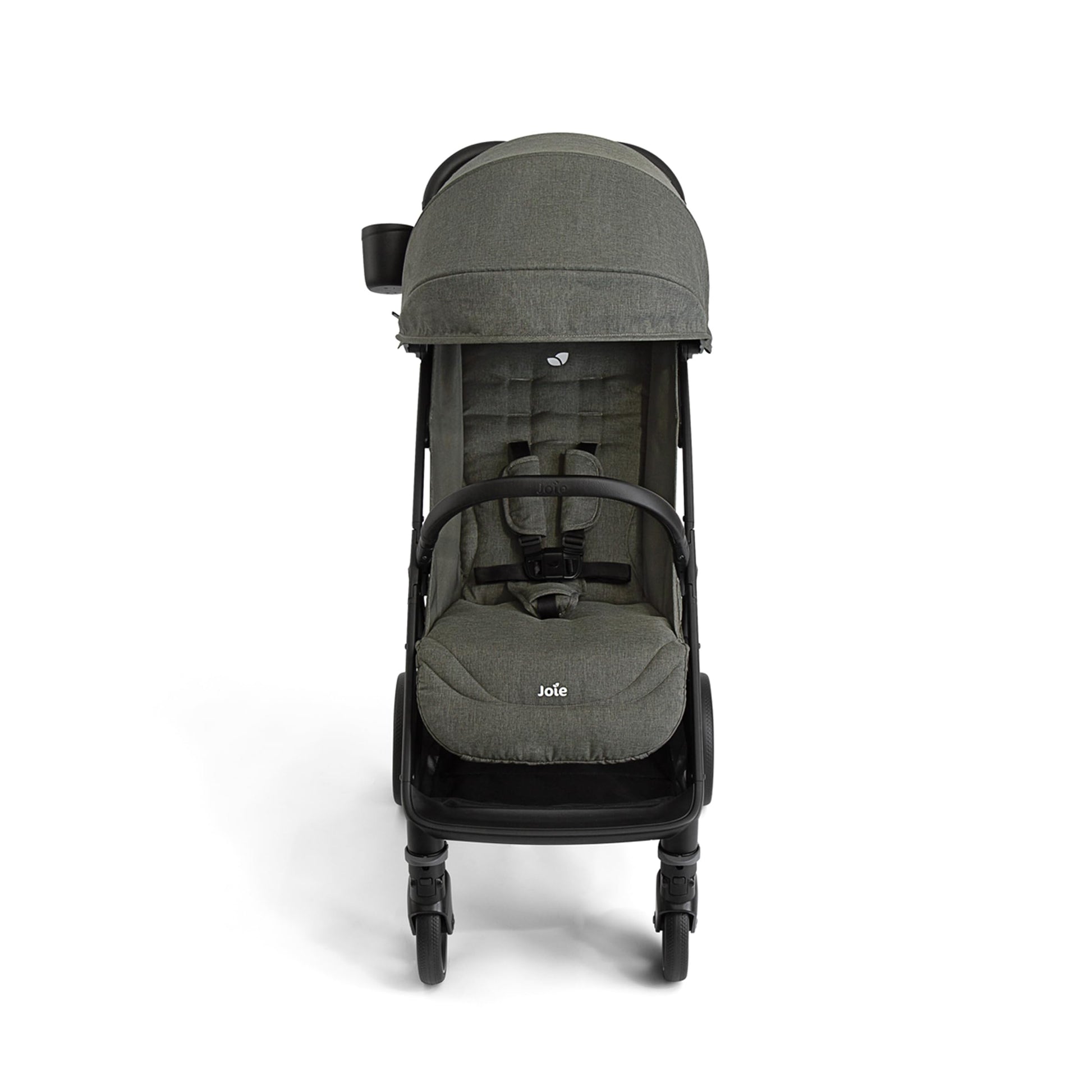 Joie Nutmeg compact stroller in shale color, lightweight with one-hand fold, suitable for easy city and travel use.
