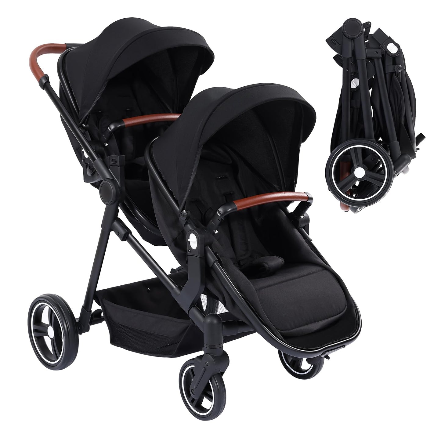My Store tandem stroller with double bassinet, reversible seats, adjustable canopy, one-hand fold, and large storage basket in black.