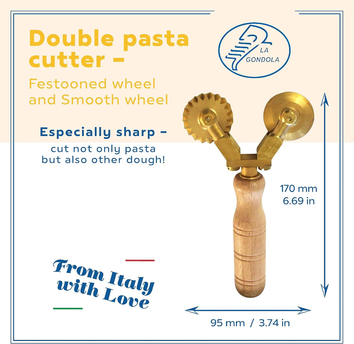LA GONDOLA Brass & Wood Wheel Cutter - Pasta Making Tool for Home and Business | Italy Made Pasta Cutting Tool | Ravioli Cutter - View 2