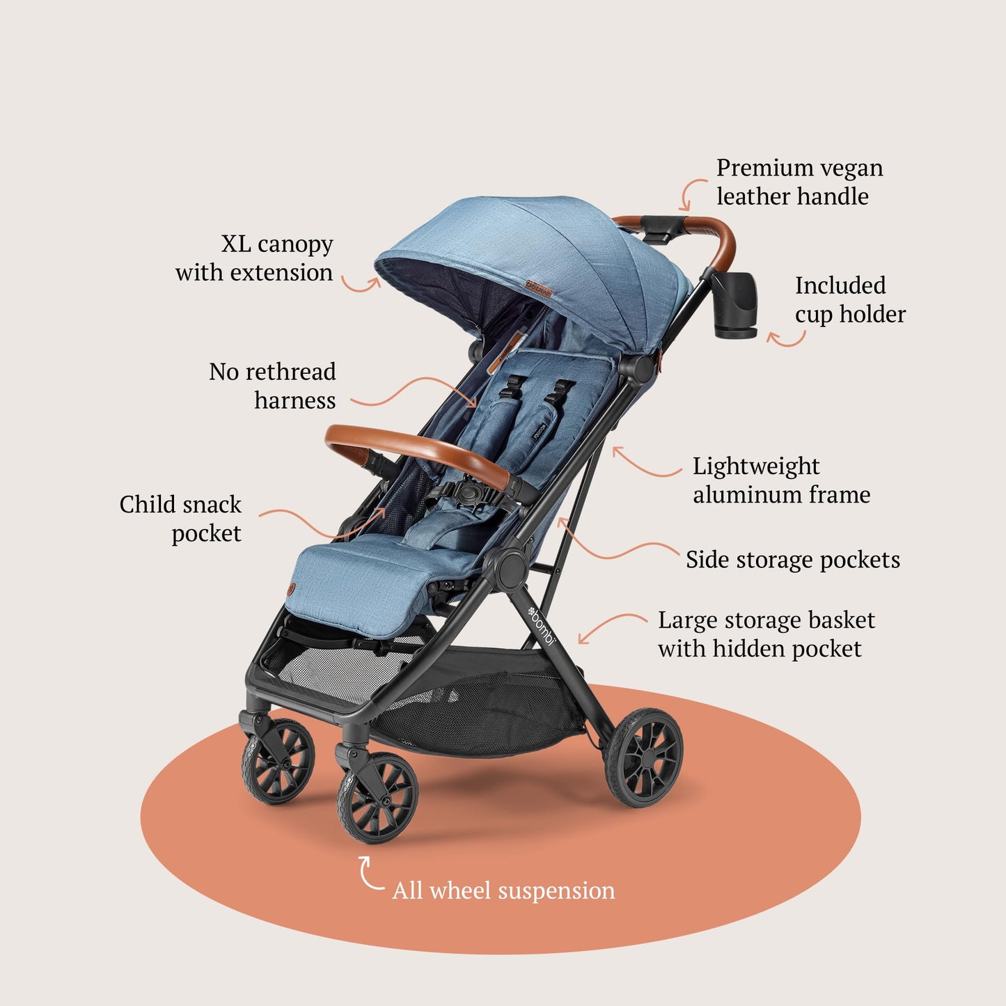Bombi Bēbee V2 lightweight baby stroller with premium vegan leather, one-hand fold, infinite recline, large canopy, and ample storage.