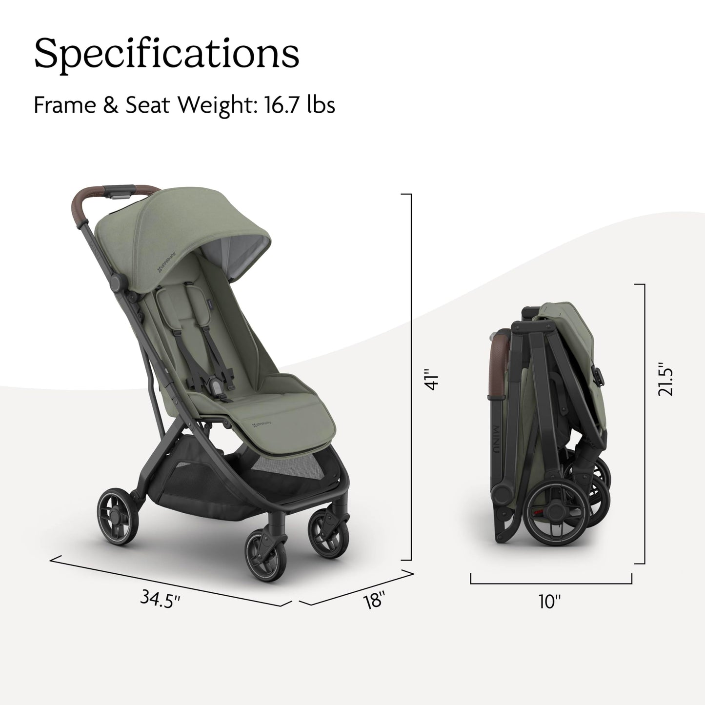 UPPAbaby Minu V3 travel stroller in Greyson color with charcoal frame and saddle leather, featuring compact design and one-hand fold.
