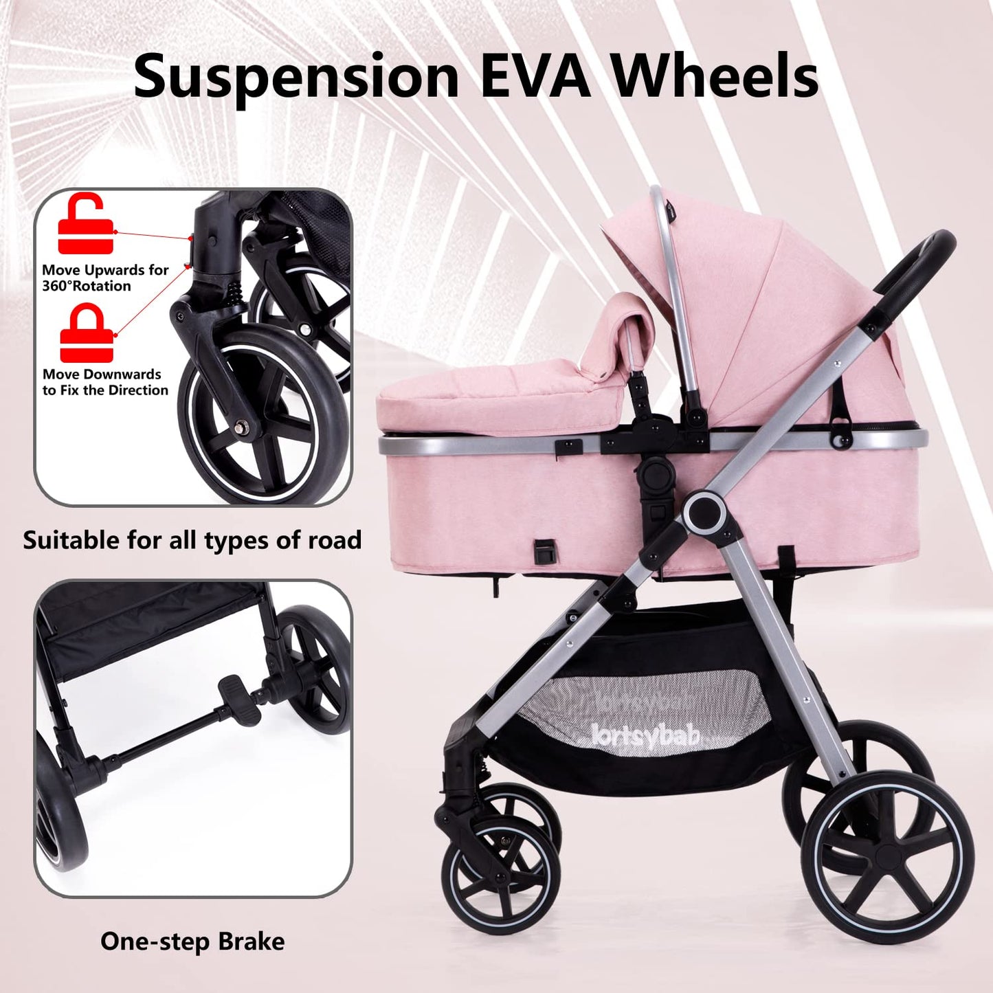 Lortsybab 2-in-1 beige baby stroller with reversible seat, foldable infant pram for newborns and toddlers 0-36 months.