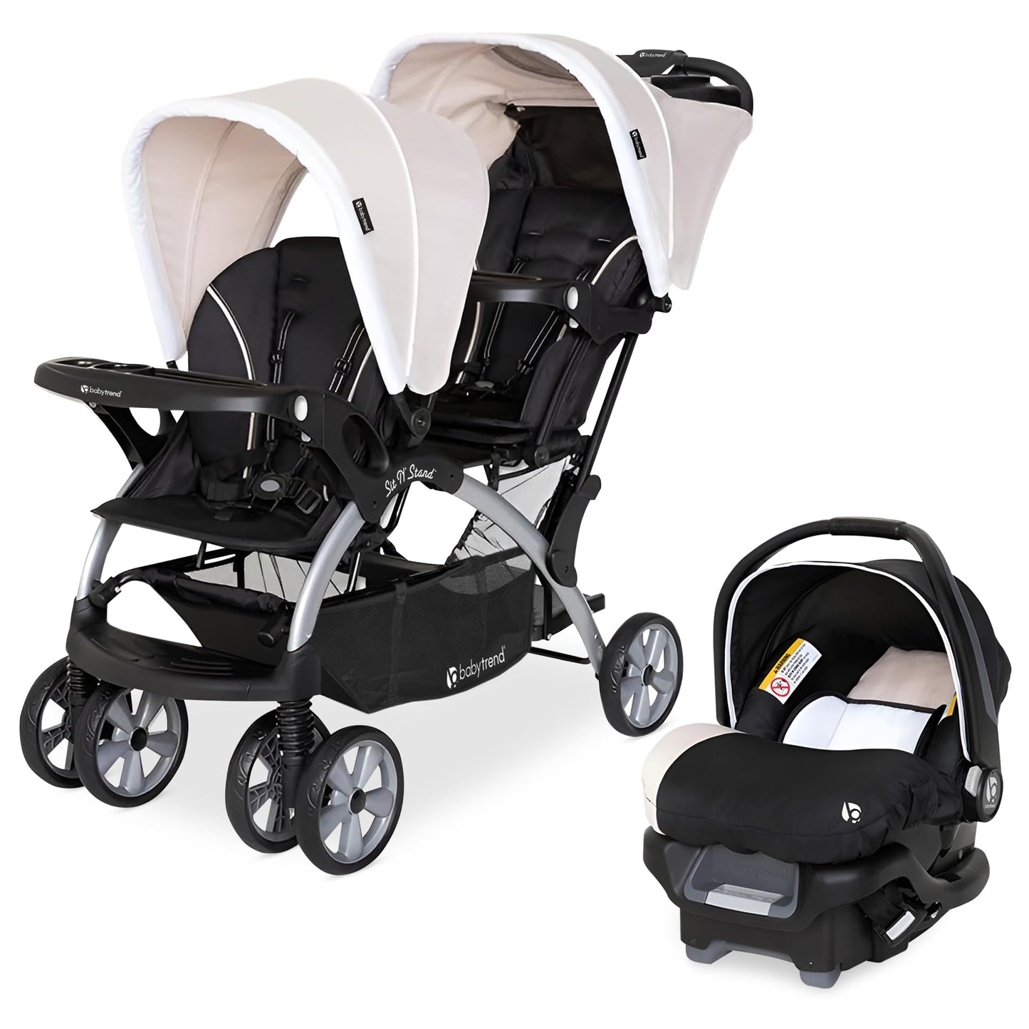Baby Trend infant and toddler double stroller with car seat, lightweight and portable, in Stormy color, tandem travel system.
